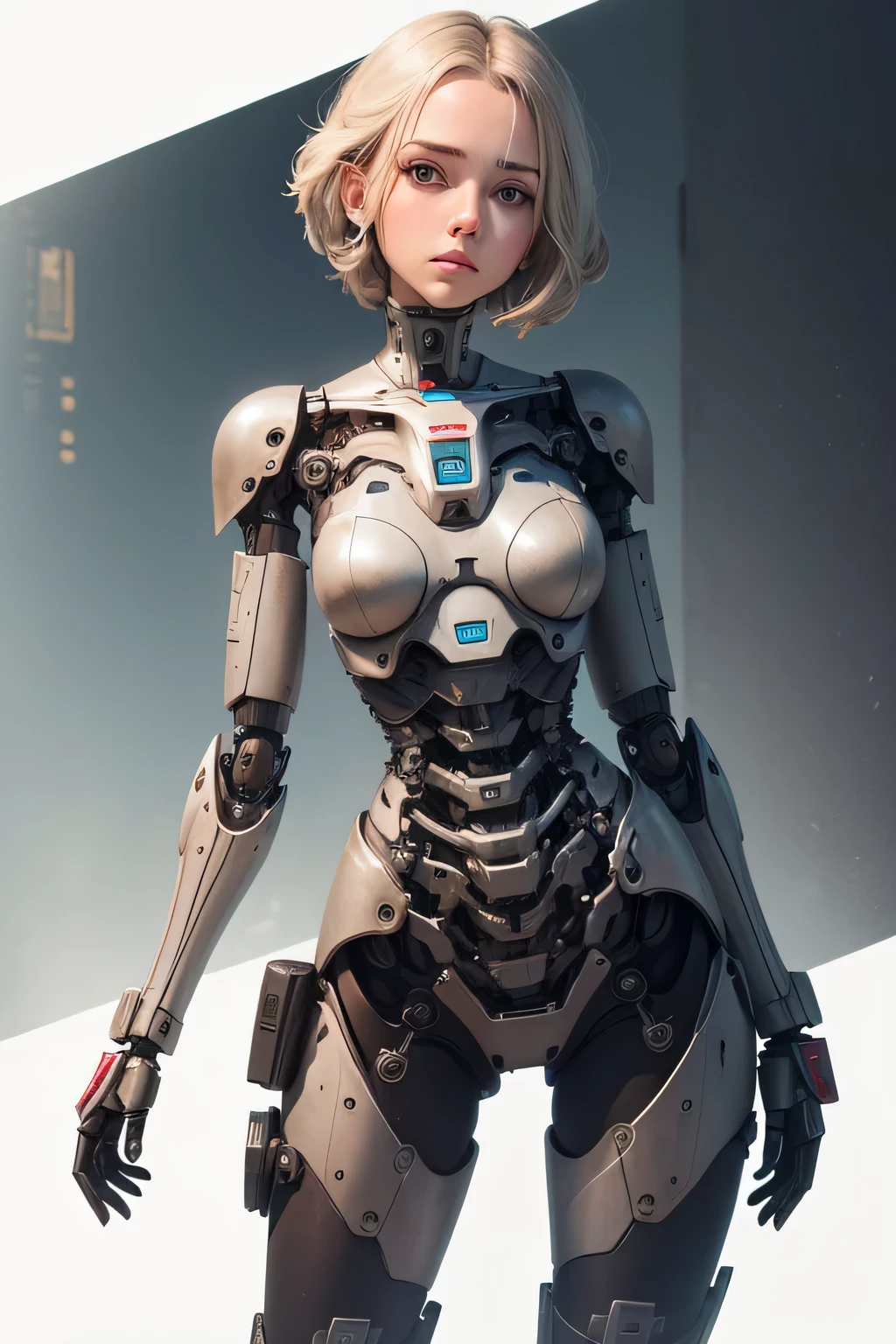 A female robot whose right arm was destroyed. My right hand is missing from the elbow machine is exposed