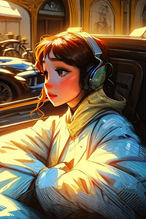 Woman with headphones in an art nouveau style environment