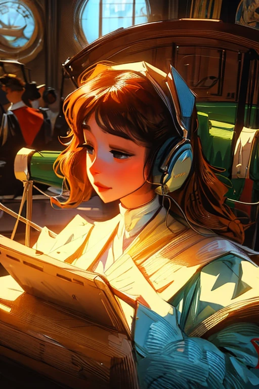 Woman with headphones in an art nouveau style environment
