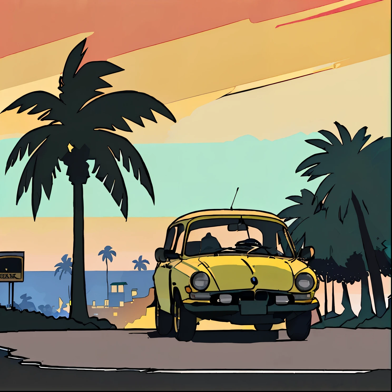 (best quality,4k,8k,highres,masterpiece:1.2),ultra-detailed,classic BMW car,sunset background,palm trees,5-layer color,corner street,vintage drums,pressed horn,black car,illustration,realistic colors,warm lighting