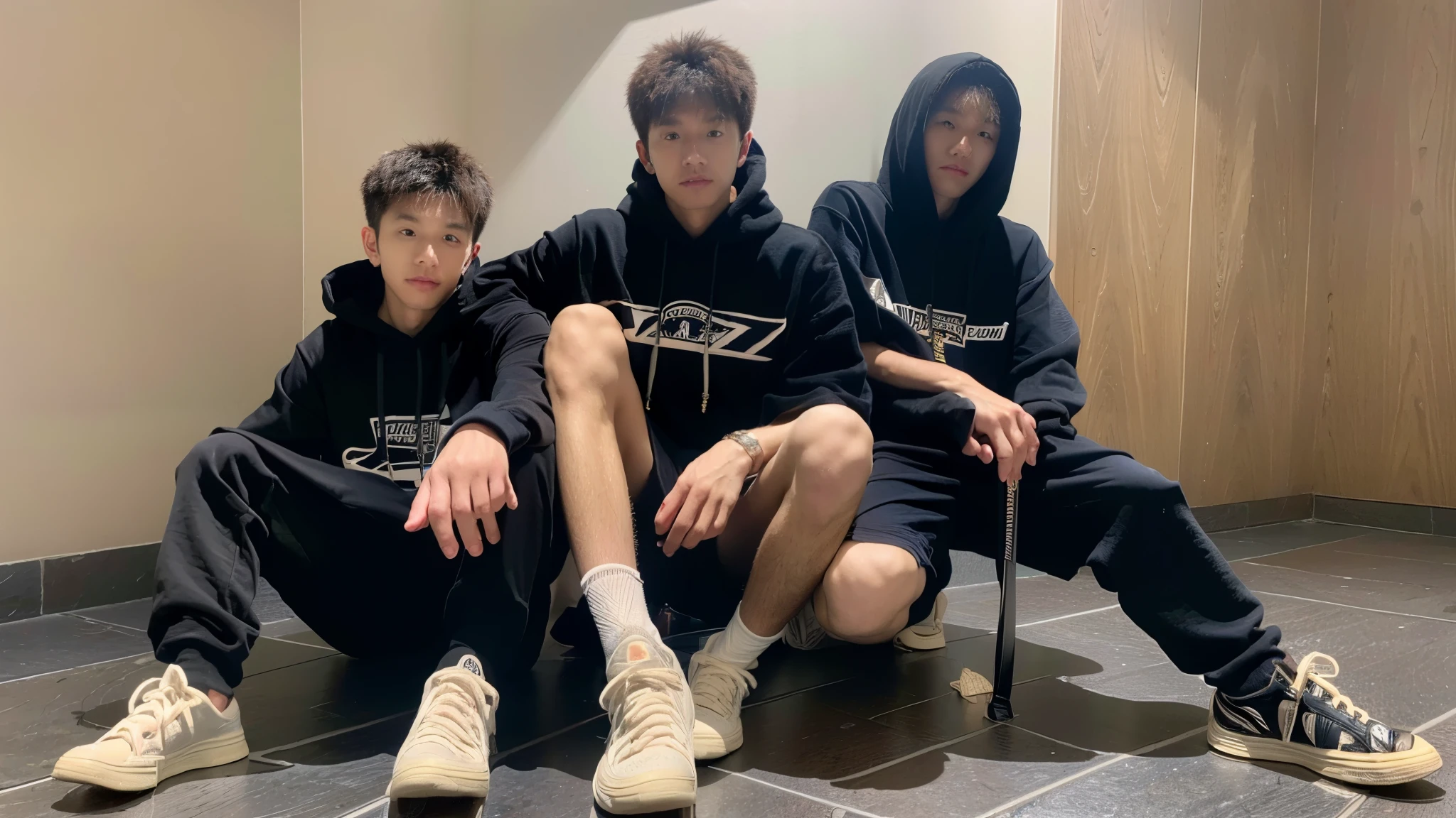 individual,戴黑色mask的年轻人的照片, hood、mask、Gloves、armlack shoes、Pantilitary boots、黑色Gloves、sports shoes、hoodie、sword、背面的arms