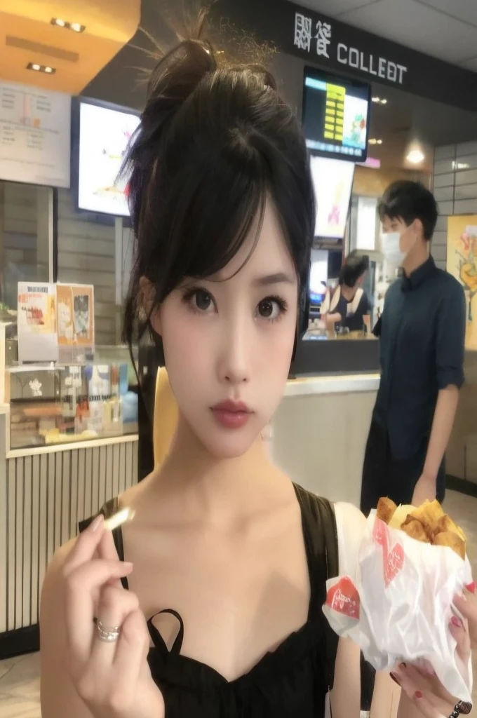 Hay una mujer sosteniendo un hamburguesa en un restaurante., chica anime en la vida real, Young cute pale asian face, her face looks like an orchid, chica linda-cara-fina, loona chuu, ulzzang, 19 year old girl, xisionwu, yanjun chengt, anime chica tailandesa, chen xintong