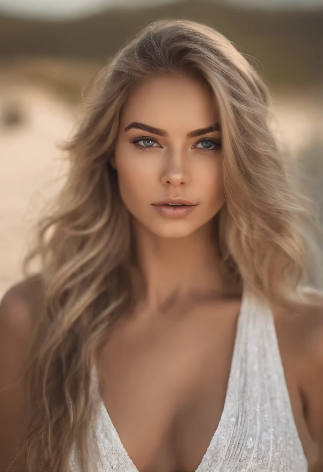 Arafed woman completely , fille sexy aux yeux bleus, ultra realist, Meticulously detailed, Portrait Sophie Mudd, cheveux blonds et grands yeux, selfie of a young woman, Yeux de chambre, Violet Myers, sans maquillage, maquillage naturel, looking straight at camera, Visage avec Artgram, Maquillage subtil, Superbe photo du corps entier,Medium to large bust, sitting at the beach, at the beach, maillot de bain,