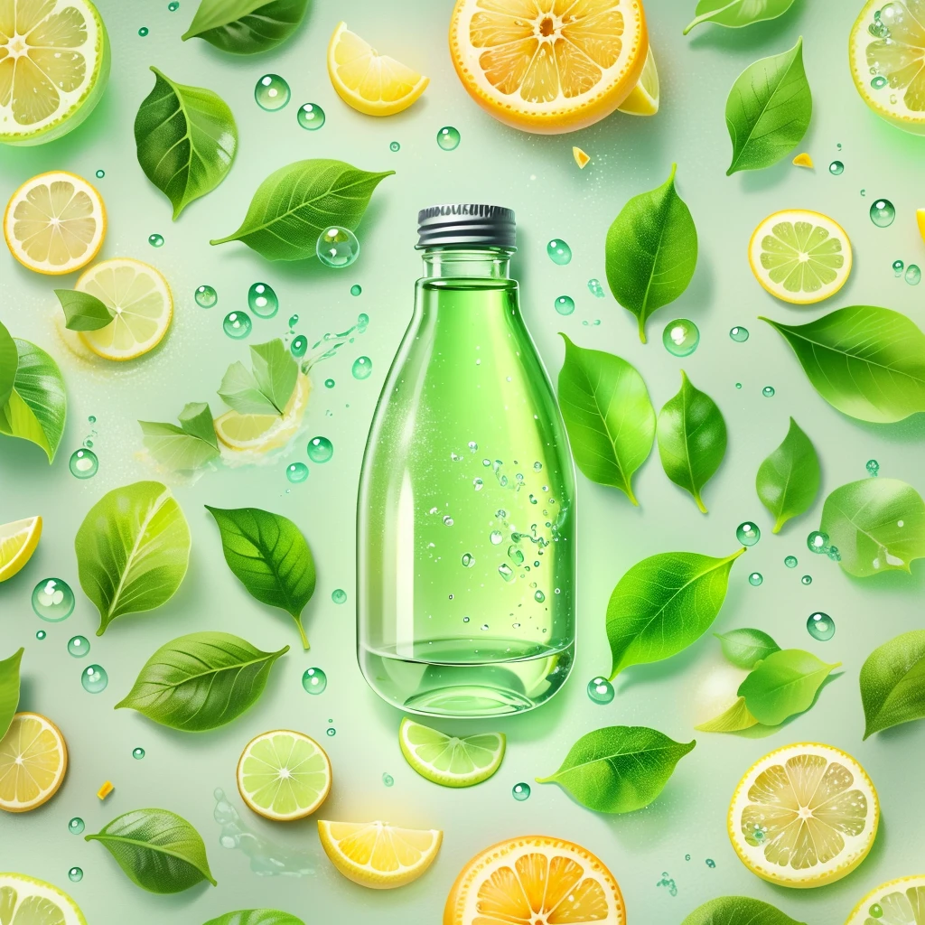 lemon juice bottle with green leaves and water drops, sparkling water