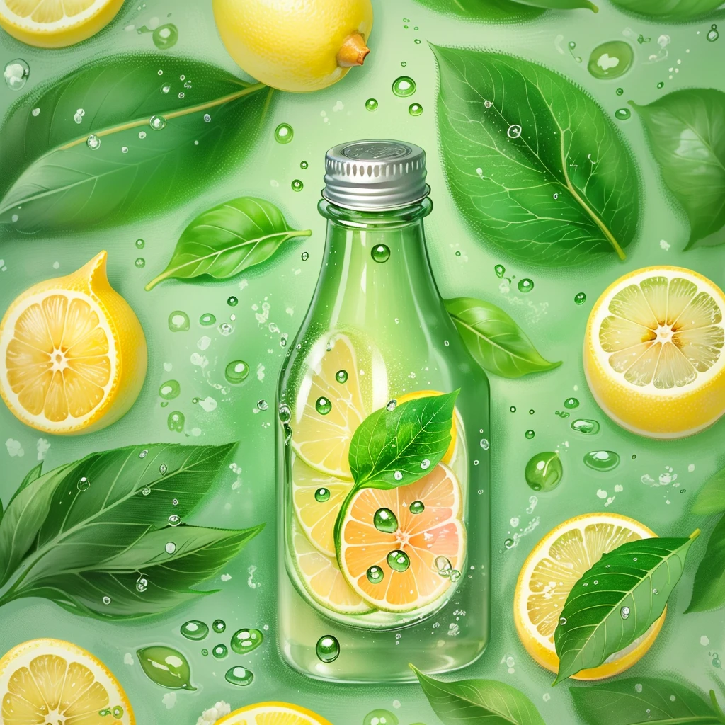 lemon juice bottle with green leaves and water drops, sparkling water