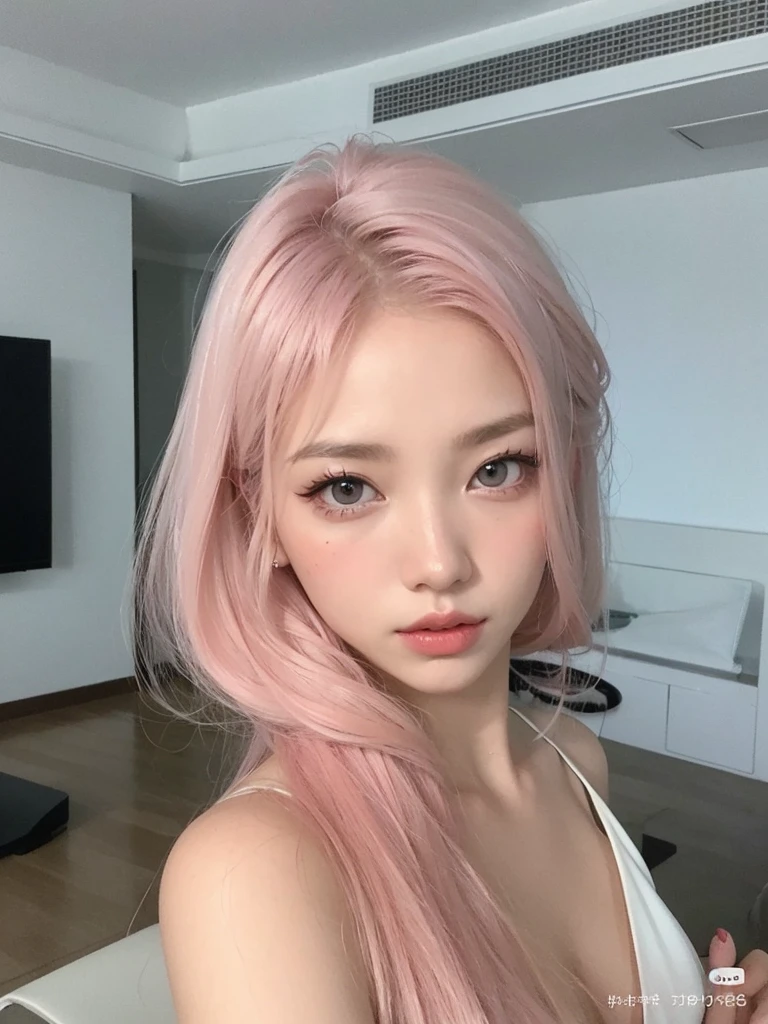 arafed woman con cabello rosado and a white tank top, pelo liso rosa, ulzzang, cabello rosado y ralo, tono de piel rosa pastel, piel suave y rosada, cabello rosado que fluye, con cabello rosado, sakimichan, maquillaje popular de corea del sur, muchacha coreana, retrato realista kawaii, pale porcelain white skin, chica anime en la vida real, long cabello rosado que fluye