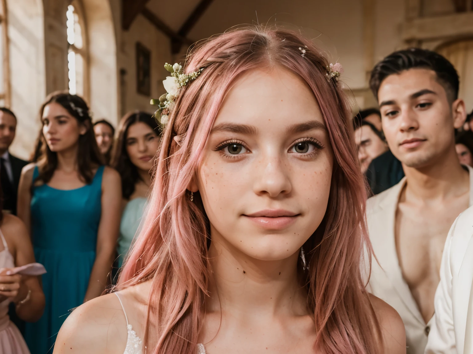 wedding party, wedding cloth,pink hair, long hair, beautiful woman,cute dress, mole under lip, freckles on face, canon ouverture 1.8 objectif 35mm, bright eyes, happy facial expression, mole above upper lip, full lip