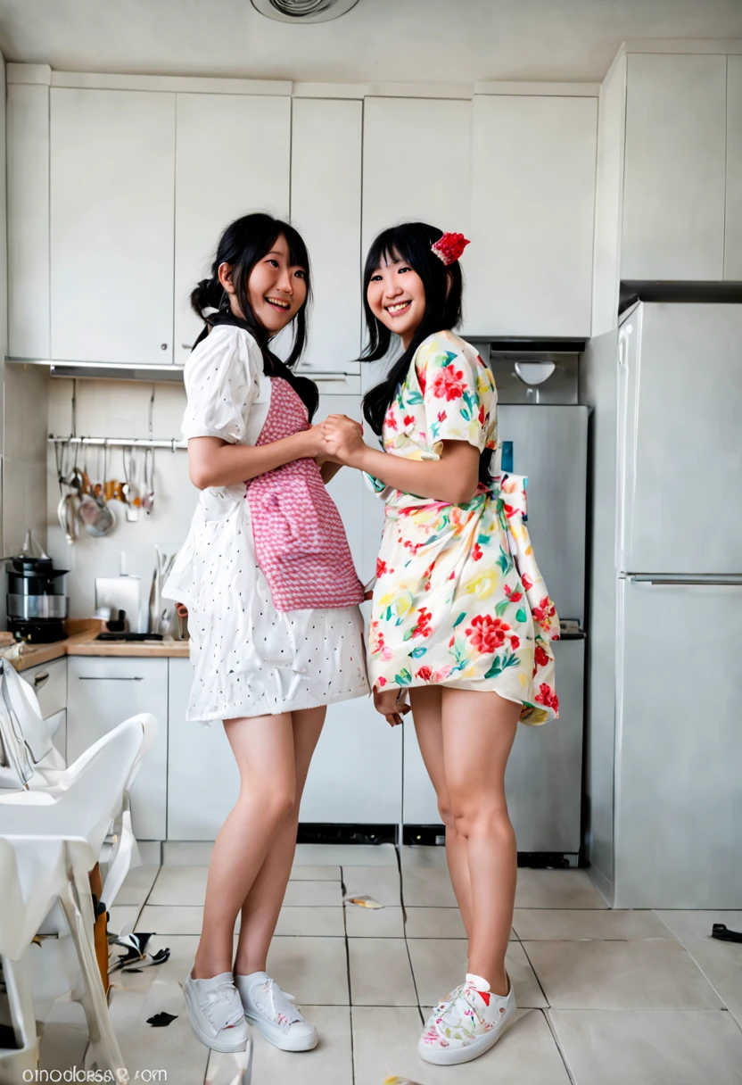 Two japanese girls standing in a large kitchen, smiling, hugging, from below, from behind