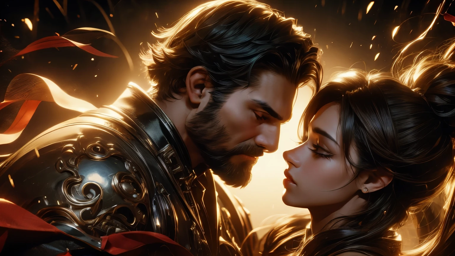 ((best quality)), (high detail), (original art), (1man), (1woman), (close up), (headshot), rugged face, 44 year old man with extremely short black hair and full thick beard, dark brown eyes, very intense gaze in his eyes, holding a woman with blond hair and brown eyes, (beautiful woman), embers of fire in the air, warrior spirit, HDR, 3D, digital art style.