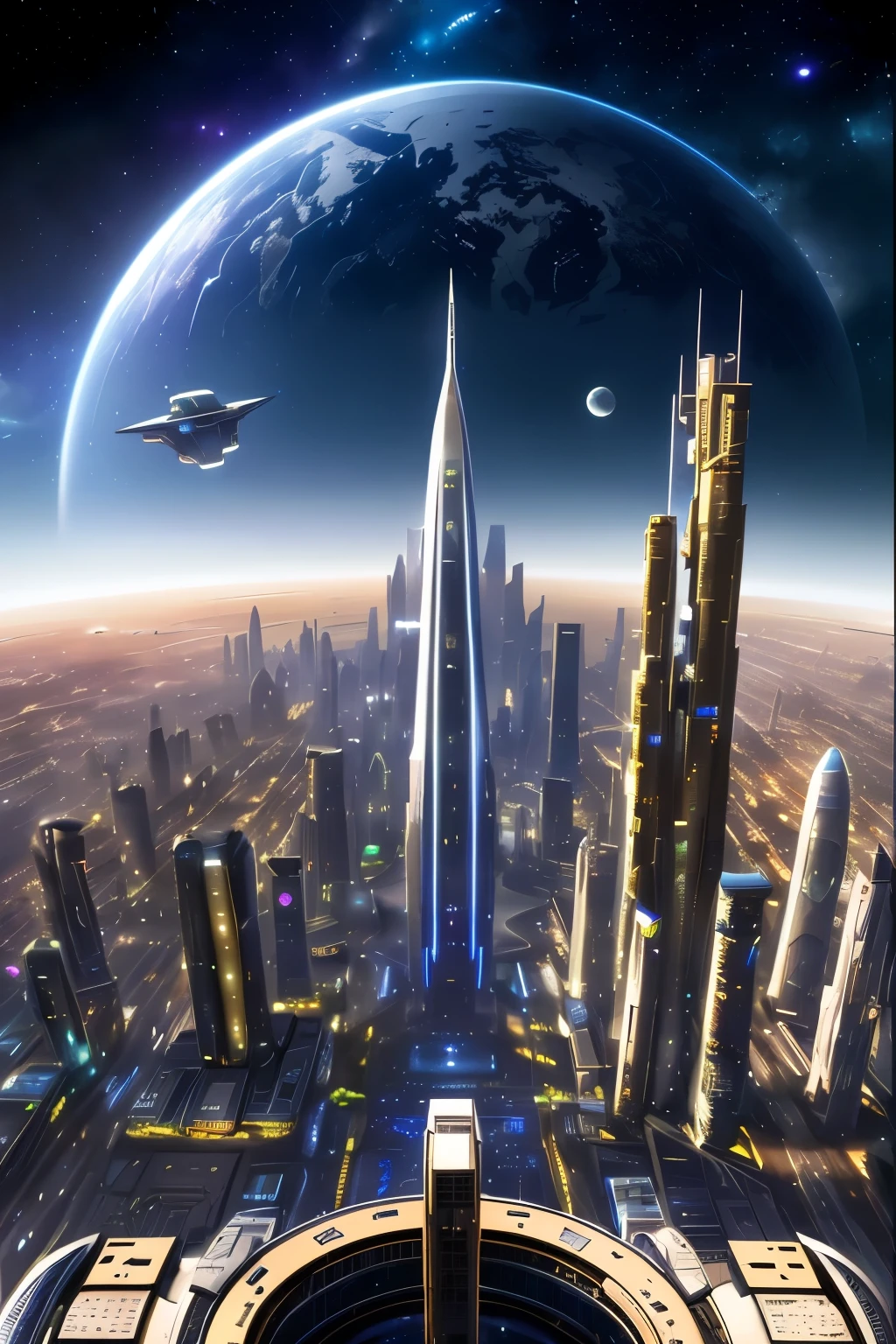 futuristic city with a futuristic spaceship flying over it, in fantasy sci - fi city, huge futuristic temple city, futuristic utopian metropolis, futuristic utopian city, otherwordly futuristic city, science fiction city, photo of futuristic cityscape, futuristic city, beautiful city of the future, futuristic cityscape, futuristic metropolis, futuristic utopia, futuristic utopian fantasy, sci fi city