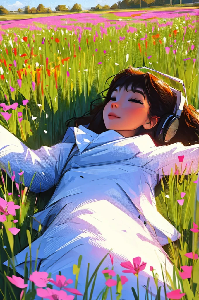 listening to music while lying in a field of flowers