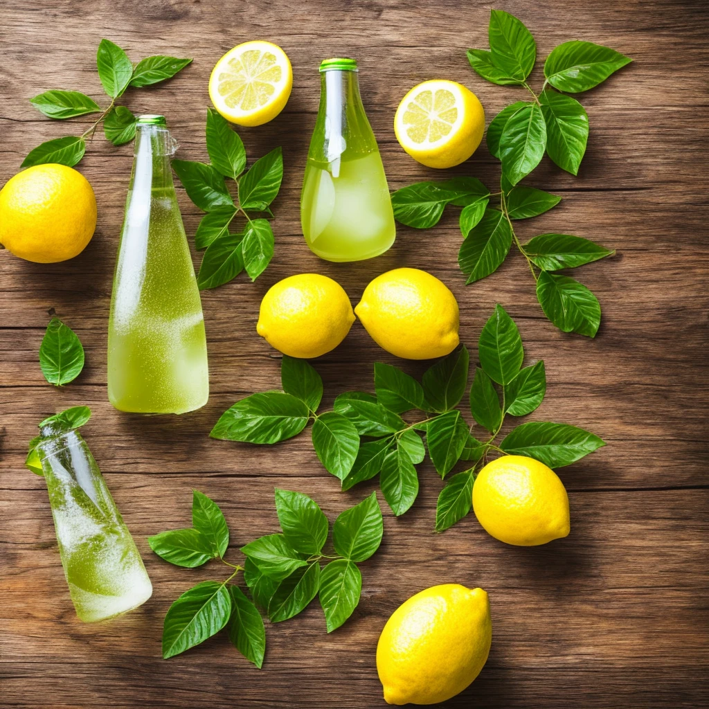 lemon juice bottle with green leaves and water drops, sparkling water