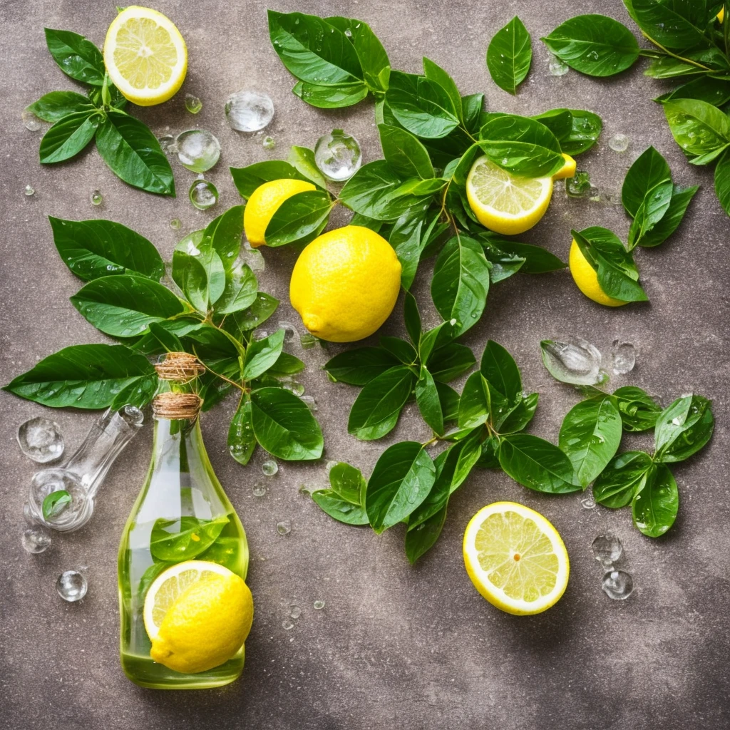 lemon juice bottle with green leaves and water drops, sparkling water