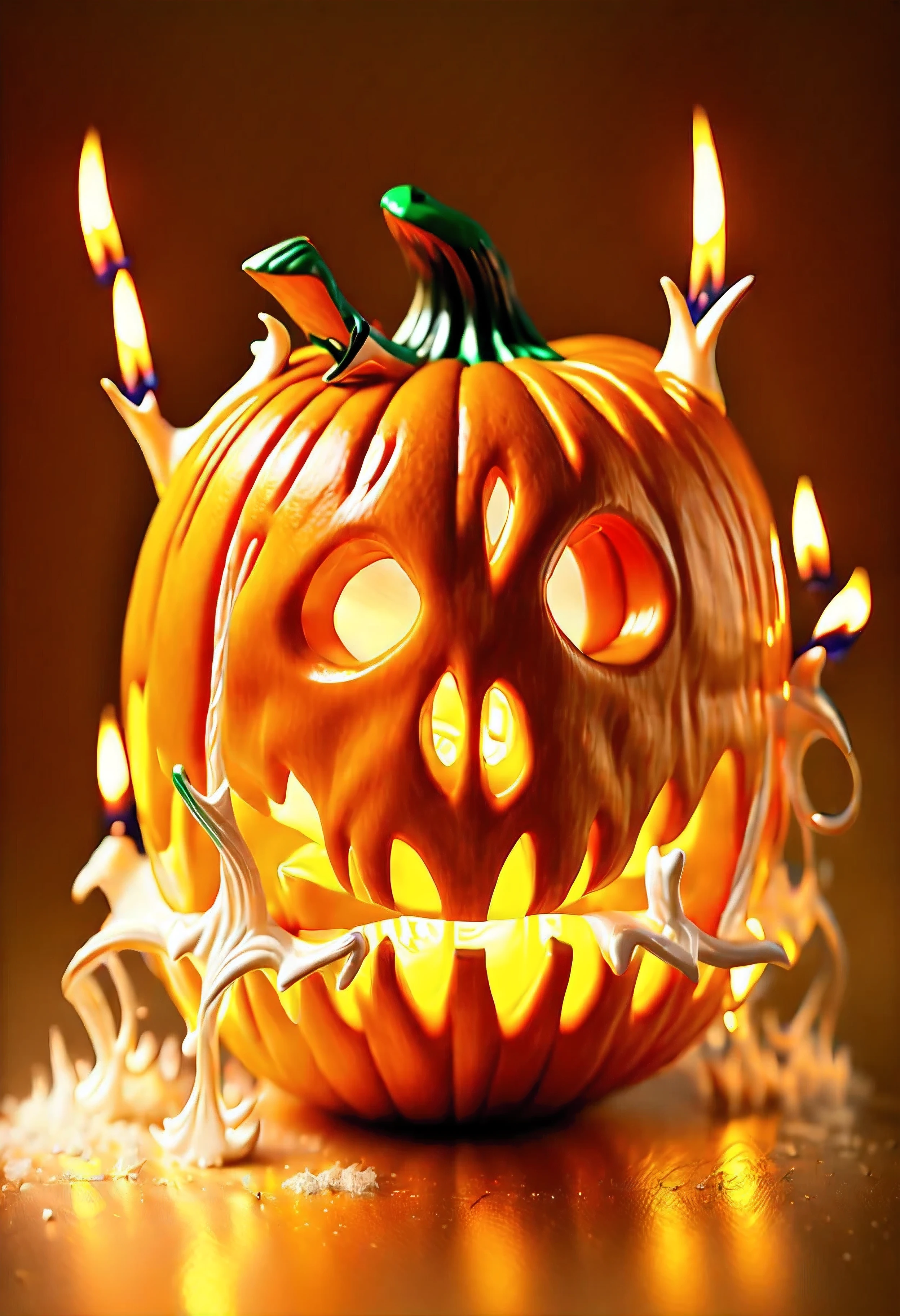 (Masterpiece in maximum 16K resolution:1.6), (intricate detail:1.4), (extremely insane detail:1.4),(highest quality:1.3),(raw image:1.8),(photorealistic:1.9). | A Pumpkin carved into majestic frozen flame.