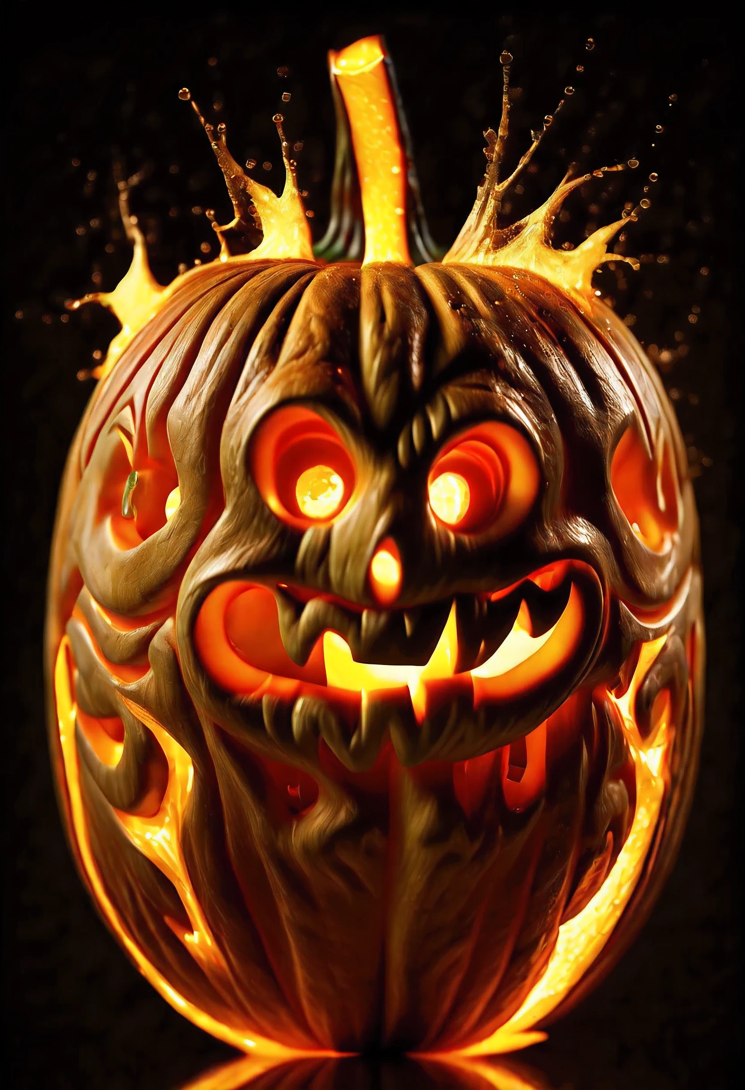 (Masterpiece in maximum 16K resolution:1.6), (intricate detail:1.4), (extremely insane detail:1.4),(highest quality:1.3),(raw image:1.8),(photorealistic:1.9). | A Pumpkin carved into majestic frozen flame.