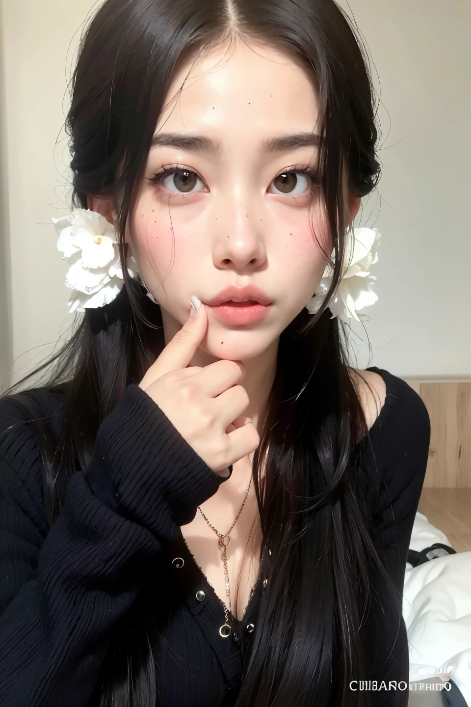 um close up de uma mulher com cabelos longos e um top preto, Ulzzang, beautiful aesthetic face, young lovely korean face, adorable and pale korean face, garota cara fofa, Menina coreana, pale porcelain white skin, Korean facial features, cruel korean goth girl, cara clara e fofa, lindo rosto delicado, pale round face, rosto de anime natural fofo
