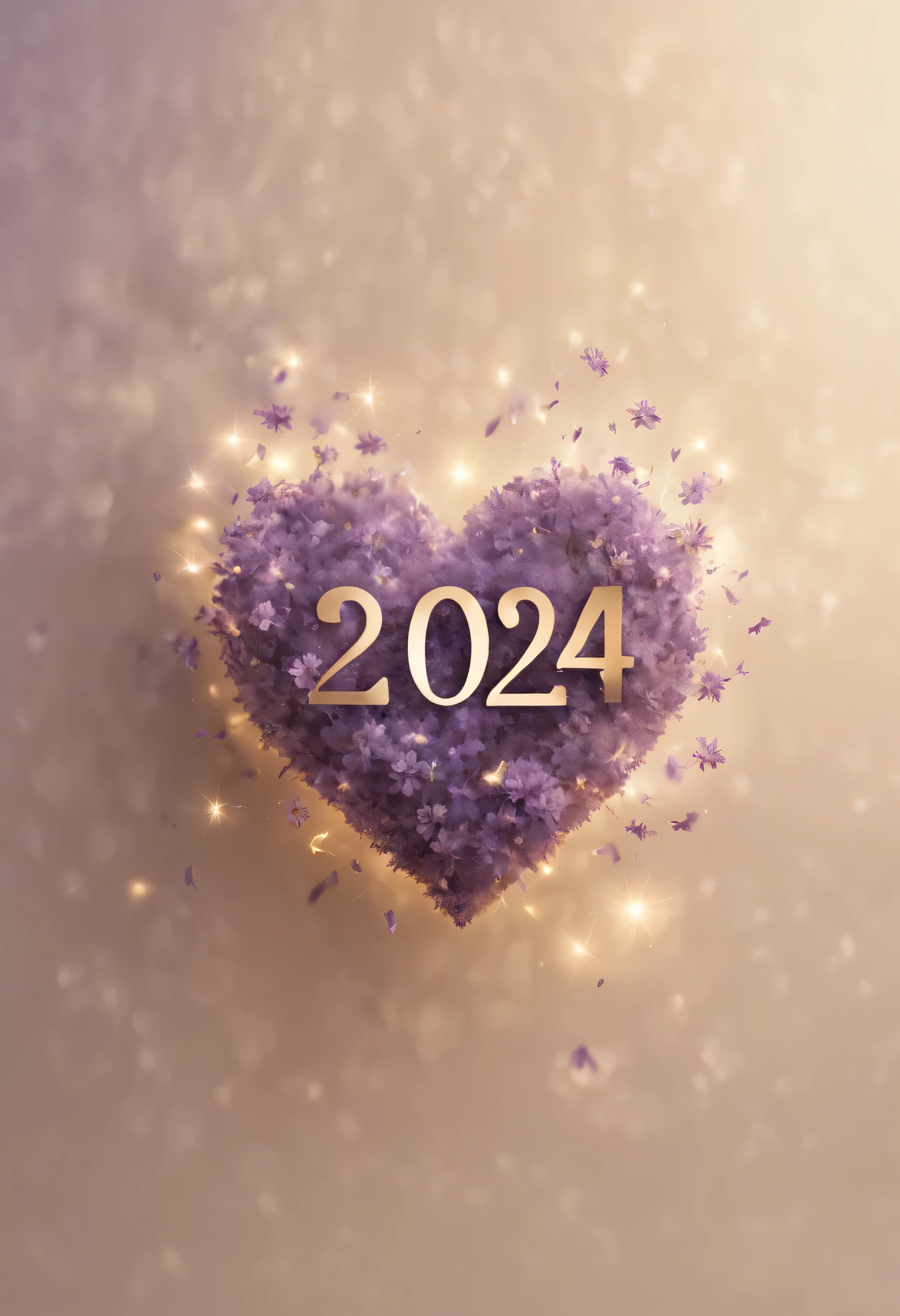 matte lilac-brown heart and sparkling magic sparks ,((( text"2024" )))lightning and energy flashes ,heart with flowers ,on a soft beige background, Clear Focus, High Quality 8K