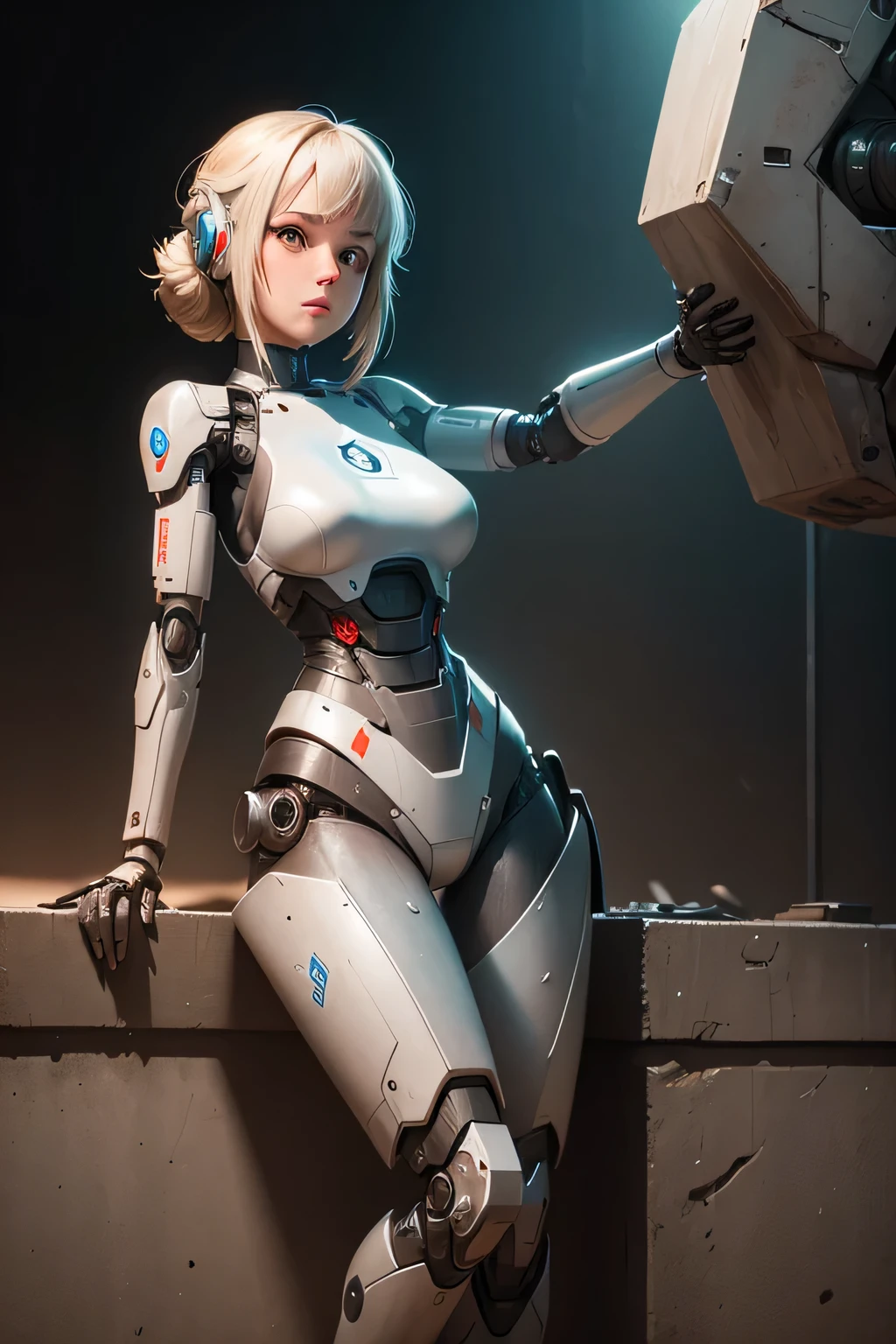 A female robot whose right arm was destroyed. My right hand is missing from the elbow machine is exposed
