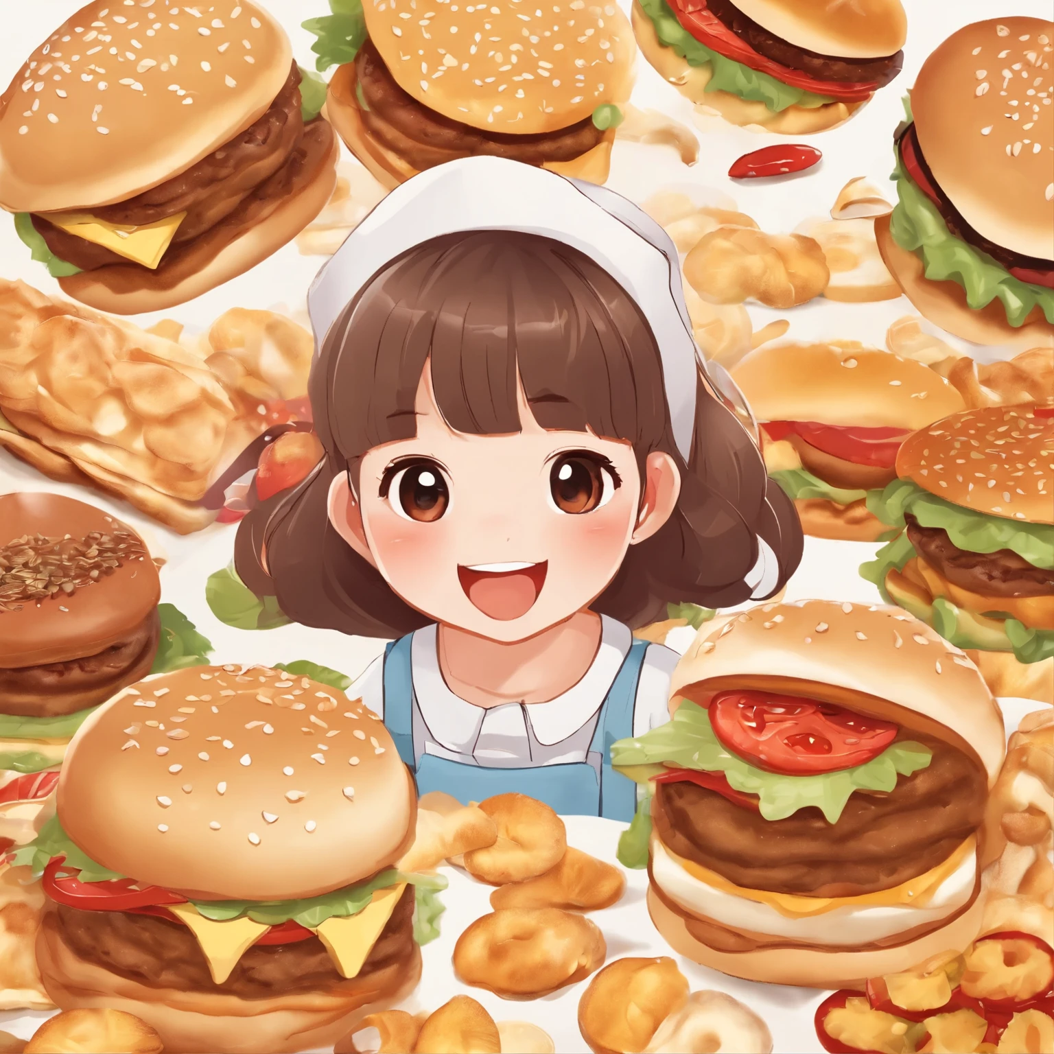 In the center of the face an animated girl wearing a cute hair ornament,With an innocent smile on his face。She sat in the middle of a pile of snacks,The surroundings are covered with a variety of delicious snacks and desserts,Such as potato chips、Cupcakeilk tea, etc。The girl holds a large burger in both hands,Open your mouth and gobble it up,There was unabashed appetite and happiness in his eyes。Hamburgers are littered with empty snack packs。The color tone of the picture bright and warm,The text font lively and cute。The whole picture full of innocence and vitality,Convey the passion and joy of food。The pattern stands out "Snack foodie",Express the girl's love and pursuit of snacks。Suitable as a business logo that highlights the brand's personality。