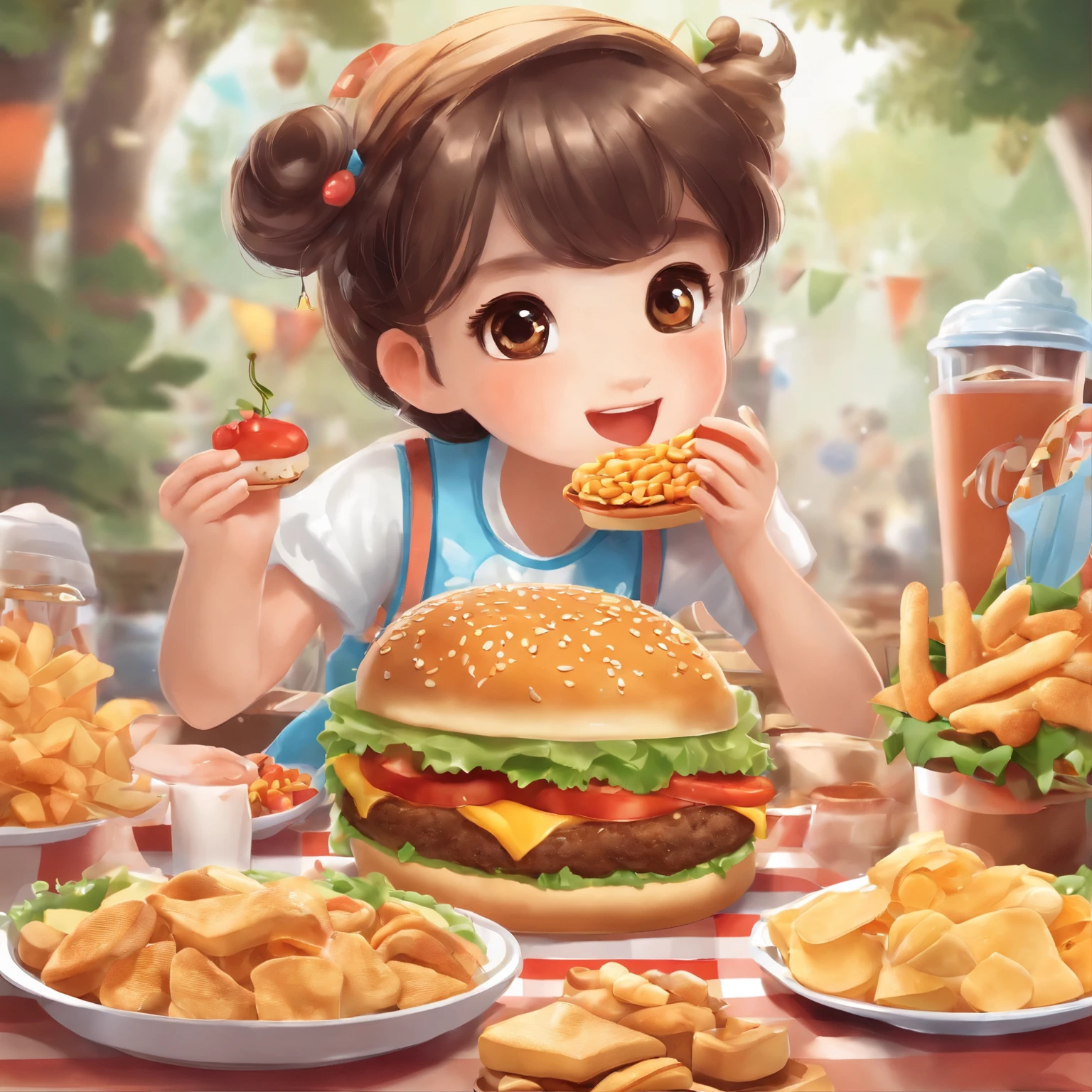 In the center of the face  an animated girl wearing a cute hair ornament,With an innocent smile on his face。She sat in the middle of a pile of snacks,The surroundings are covered with a variety of delicious snacks and desserts,Such as potato chips、Cupcakeilk tea, etc。The girl holds a large burger in both hands,Open your mouth and gobble it up,There was unabashed appetite and happiness in his eyes。Hamburgers are littered with empty snack packs。The color tone of the picture  bright and warm,The text font  lively and cute。The whole picture  full of innocence and vitality,Convey the passion and joy of food。The pattern stands out "Snack foodie",Express the girl's love and pursuit of snacks。Suitable as a business logo that highlights the brand's personality。