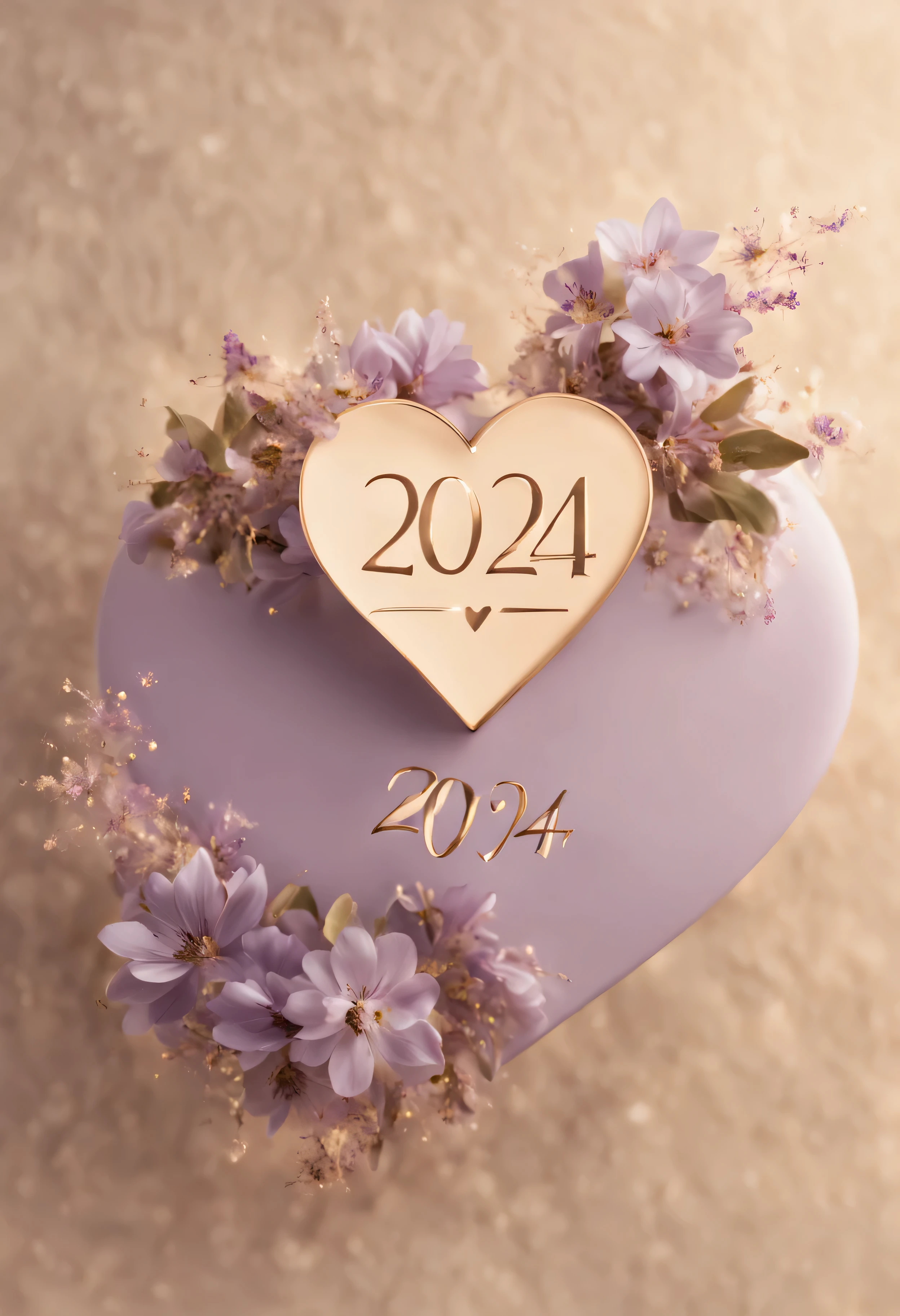 matte lilac-brown heart and sparkling magic sparks ,((( text"2024" )))lightning and energy flashes ,heart with flowers ,on a soft beige background, Clear Focus, High Quality 8K