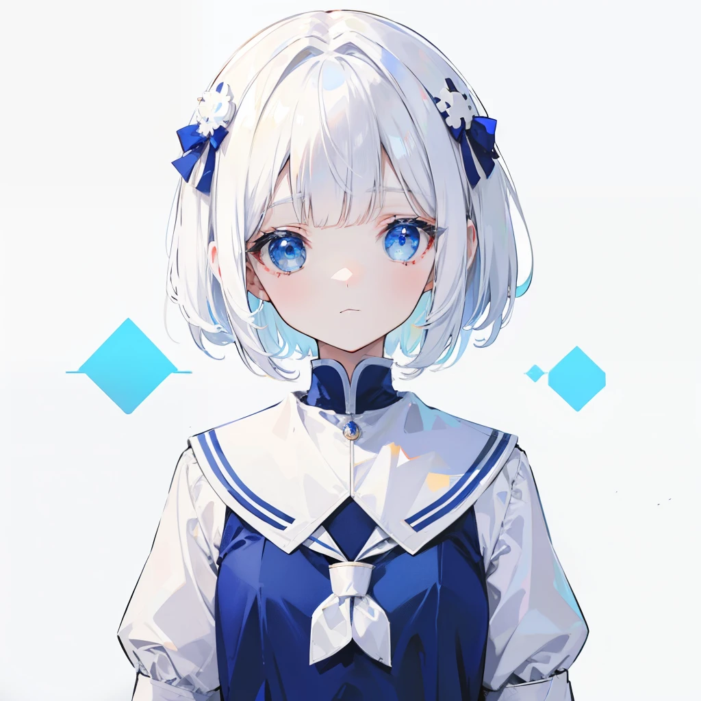 Short white hair and flush banglue with white school uniform soft girl,There are blue ornaments on the head,She a cute li,Binary numeric functionality