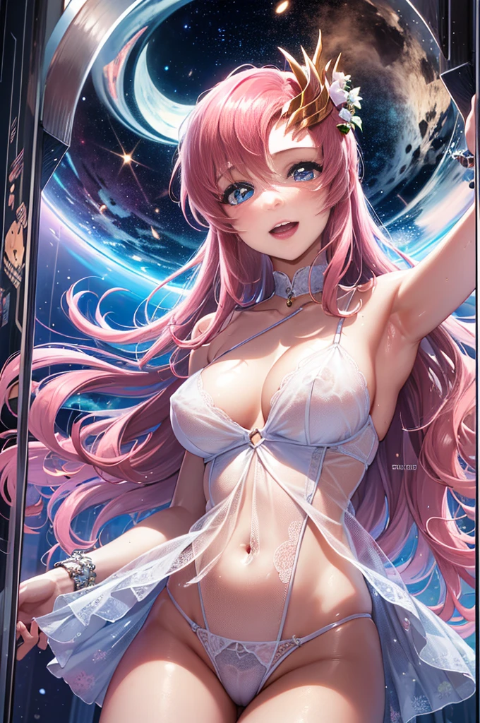 Masterpiece, Lacus Clyne, High resolution, anime poster, Lacus Clyne, (Anime girl, long pink hair, hair ornament, fair skin), white dress, see-through dress, light pink lingerie, Laugh happily and blush, she is floating in weightless space, See here, Armpits, Photographed up close,