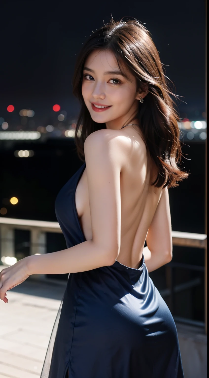 8k, masterpiece, RAW photo, best quality, photorealistic, extremely detailed CG unity 8k wallpaper, Depth of field, Cinematic Light, Lens Flare, Ray tracing, (extremely beautiful face, beautiful lips, beautiful eyes), intricate detail face, ((ultra detailed skin)) 1girl, in the dark, deep shadow, pretty asian girl, ((looking at viewer)),(big smile), (blurry background), midnight, (pretty girl), earrings, bracelets, necklace, clear eyes, (pale skin), face forward, (big eyes), (looking at viewer), large breasts ,((smile)), rooftop, dim lights, ((night)), cityscape, blue eyes, see through gown, long gown, red sleeping gown, open breast, veranda, very slim, (medium butt), see through, thick thighs, open breast, (back shot), focus on ass, naked