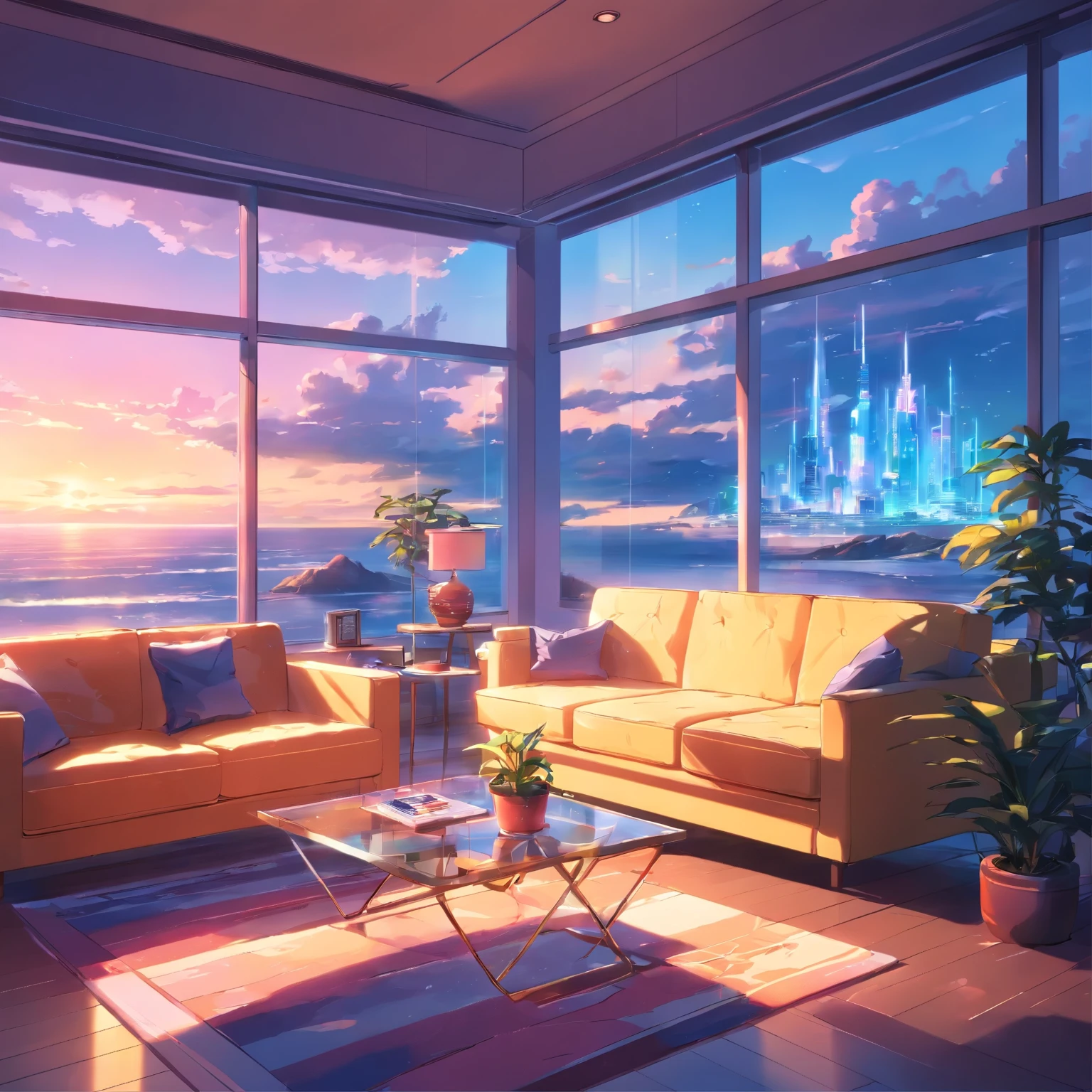 luxurious futurisitic inside neon house living room with glass window in anime style