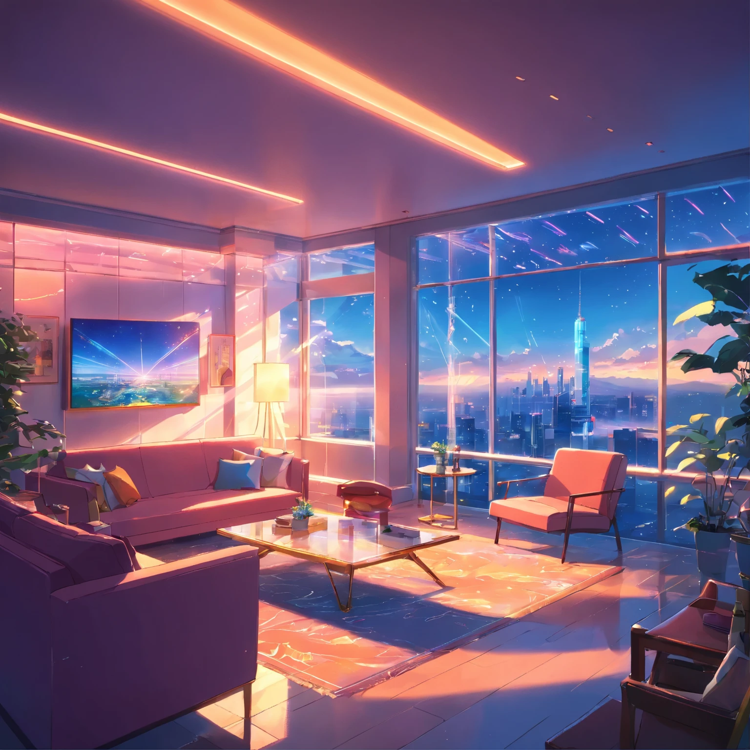 luxurious futurisitic inside neon house living room with glass window in anime style