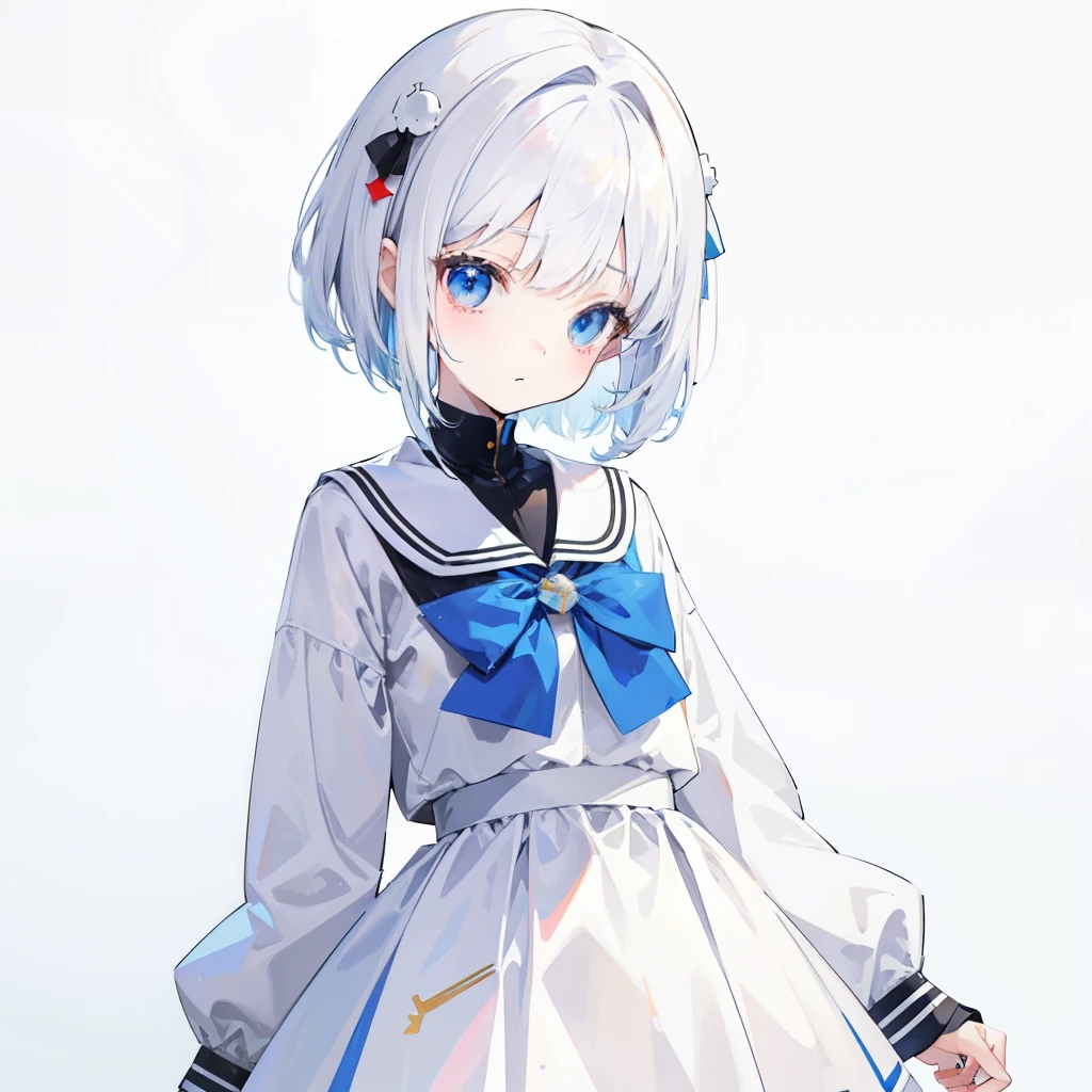 Short white hair and flush banglue with white school uniform soft girl,There are blue ornaments on the head,She a cute li,Binary numeric functionality