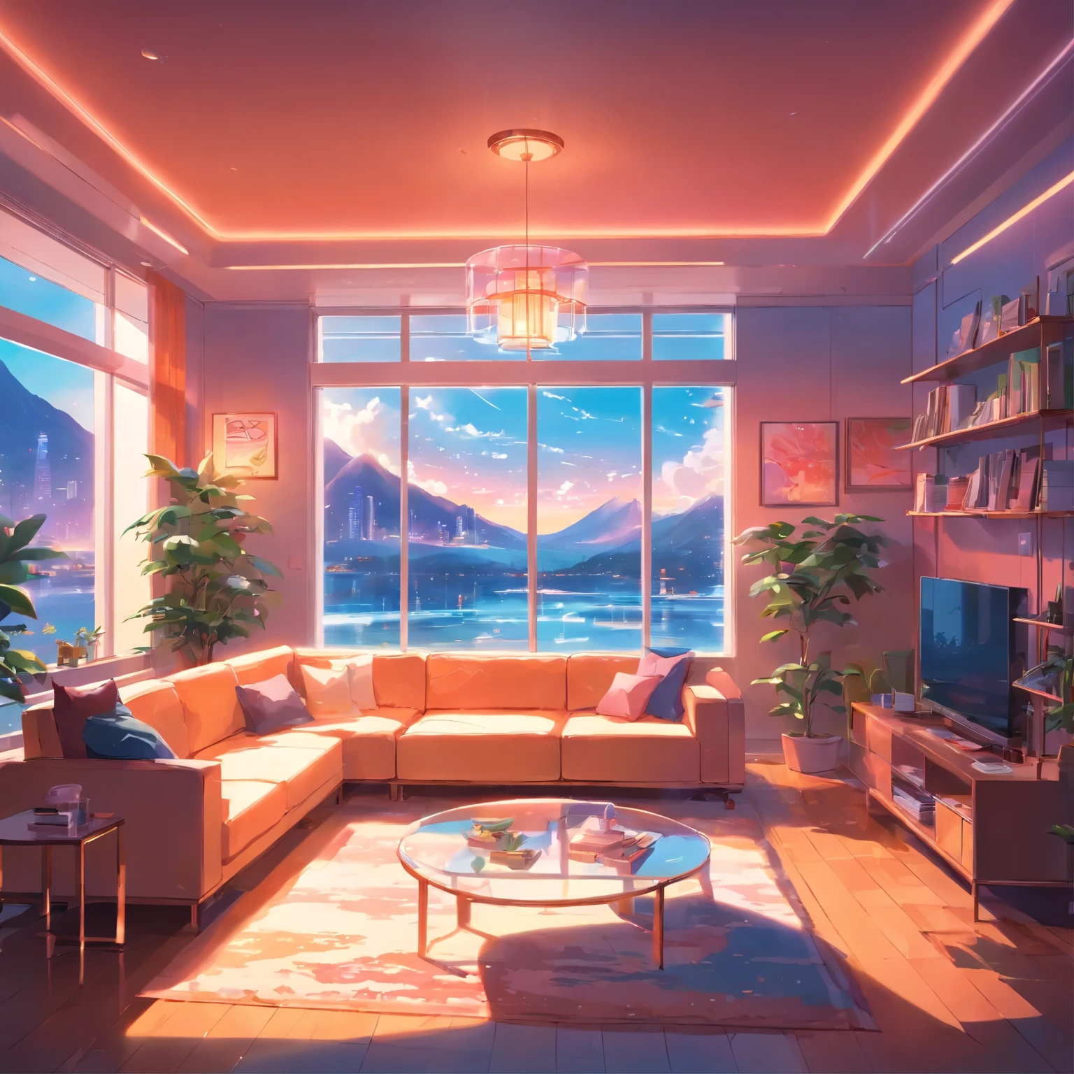 luxurious futurisitic inside neon house living room with glass window in anime style