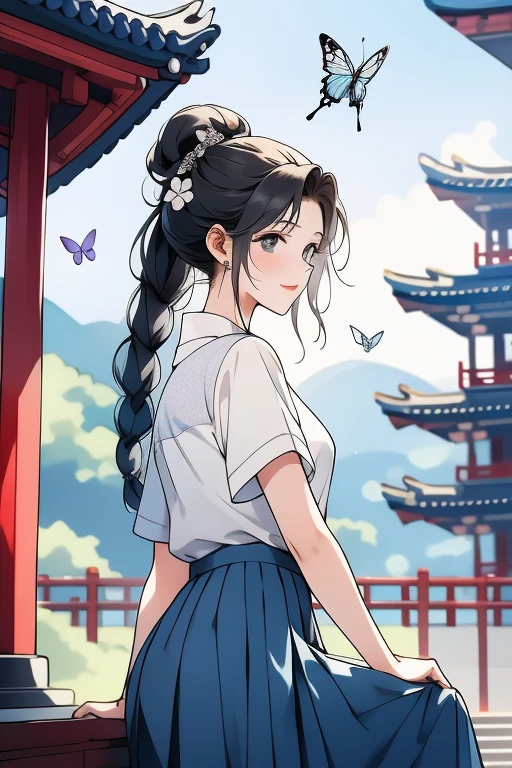 She  wearing a pure white shirt，Paired with azure blue pleated skirt，There  a peach blossom on the temple，girl with braidrom time to time there are butterflies flying by
