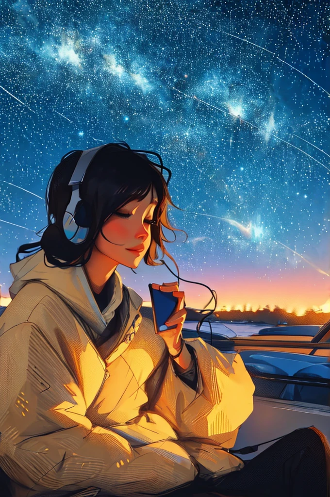 listening to music, with one hand holding the phone , under the starry sky