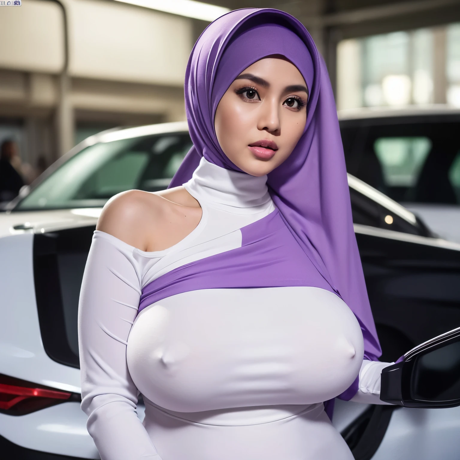 (Extremely detailed, In the underground car park,Hijab Indonesian MILF, white skin body, Slightly fat, plump, Pregnant, A big-breasted, Gigantic big tits, Refined face, sexy for Magazine, Purple crewneck dress, Tight dress, Close-up of people, Hi-Def, photorealistic perfect body, very very very realistic)