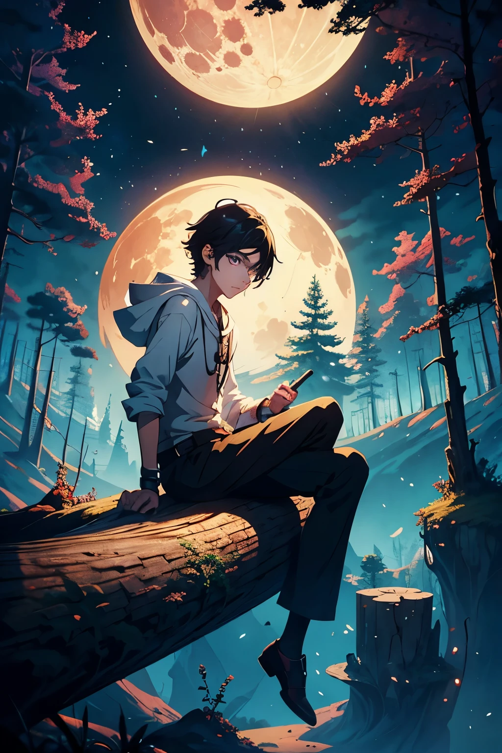there a lanky boy sitting on a log looking at the moon, medieval setting, inspired by Cyril Rolando, cyril rolando and goro fujita, a beautiful artwork illustration, in style of cyril rolando, beeple and jeremiah ketner, makoto shinkai cyril rolando, ross tran and michael whelan, beautiful art uhd 4 k, cover art, shackles