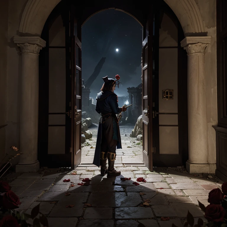 a man standing in a doorway in front of a full moon, official splash art, crown of roses, villany, vertigo comic, radiant backlighting, expectation of adventure, old scroll, teaser, timeline nexus, an open book, thorns, no - text no - logo, jester hat, alliance, in ruins, storybook layout