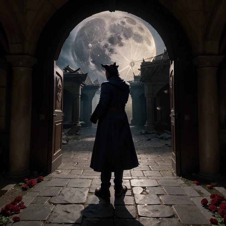 a man standing in a doorway in front of a full moon, official splash art, crown of roses, villany, vertigo comic, radiant backlighting, expectation of adventure, old scroll, teaser, timeline nexus, an open book, thorns, no - text no - logo, jester hat, alliance, in ruins, storybook layout