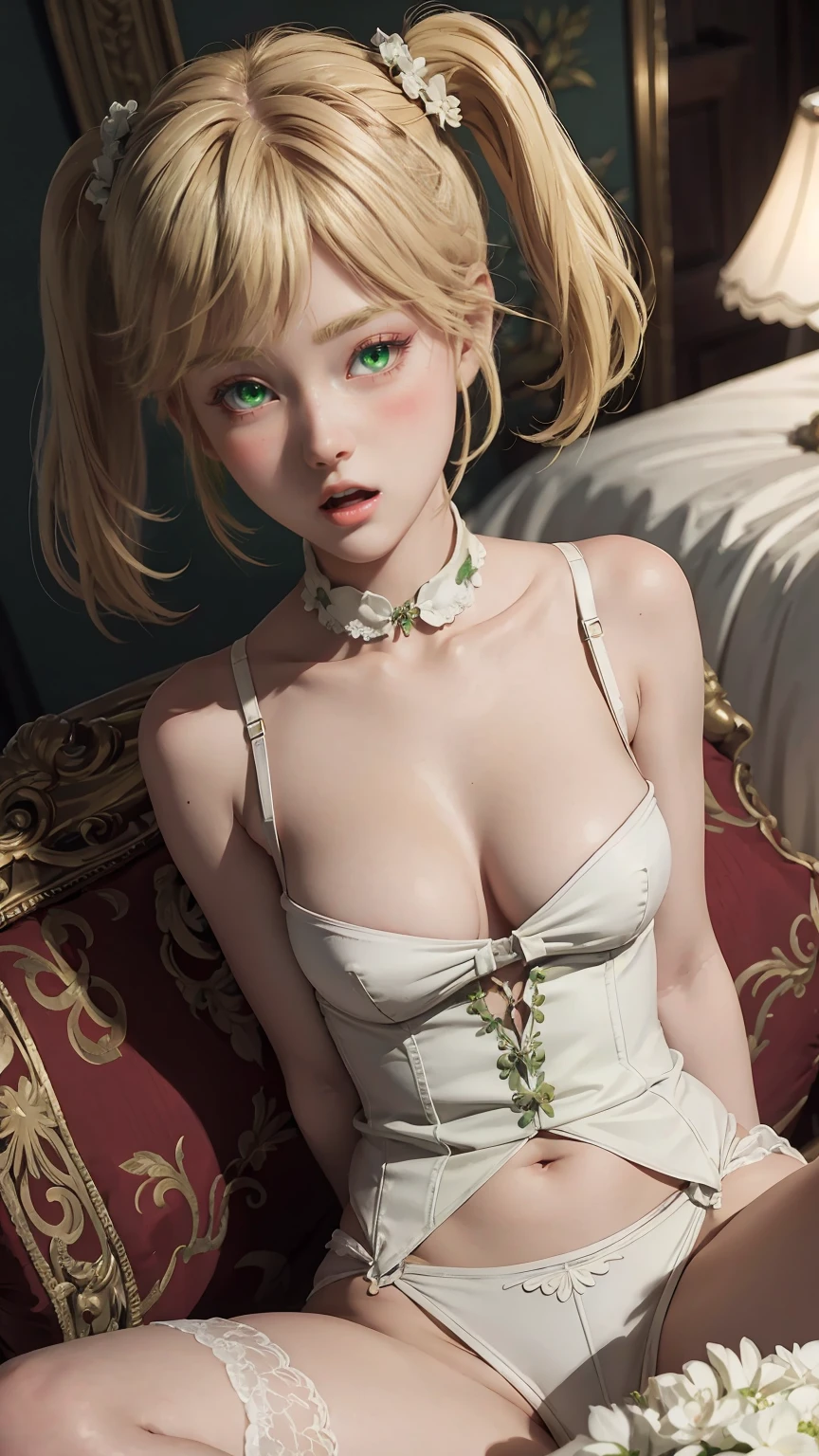 8K, Ultra High Definition, Super detailed, Shiny detailed hair, detailed face, fantasy landscape, solo, looking at viewer, {{best quality}}, {{masterpiece}}, {{ultra-detailed}}, {detailed light}, ultra high quality eyes, detailed eyes, perfect eyes, large eyes, detailed green eyes, blonde hair, short hair, twintail, adorned hair, beautiful, skinny body, white skin, slutty, erotic, suggestive, sitting with legs open, open legs, lingerie, in lingerie, blushing, open mouth, ahegao, ((nsfw))