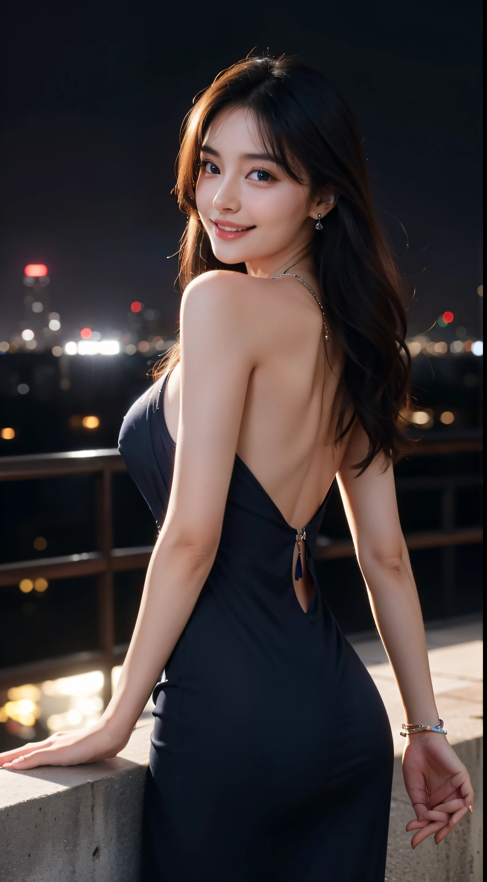 8k, masterpiece, RAW photo, best quality, photorealistic, extremely detailed CG unity 8k wallpaper, Depth of field, Cinematic Light, Lens Flare, Ray tracing, (extremely beautiful face, beautiful lips, beautiful eyes), intricate detail face, ((ultra detailed skin)) 1girl, in the dark, deep shadow, pretty asian girl, ((looking at viewer)),(big smile), (blurry background), midnight, (pretty girl), earrings, bracelets, necklace, clear eyes, (pale skin), face forward, (big eyes), (looking at viewer), large breasts ,((smile)), rooftop, dim lights, ((night)), cityscape, blue eyes, see through gown, long gown, red sleeping gown, open breast, veranda, very slim, (medium butt), see through, thick thighs, open breast, (back shot), focus on ass, naked