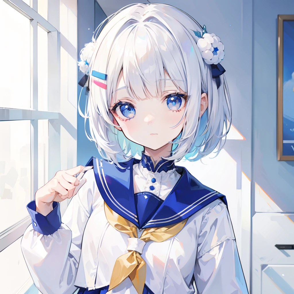 Short white hair and flush banglue with white school uniform soft girl，There are blue ornaments on the head，She  a cute little ，Binary numeric functionality，happy