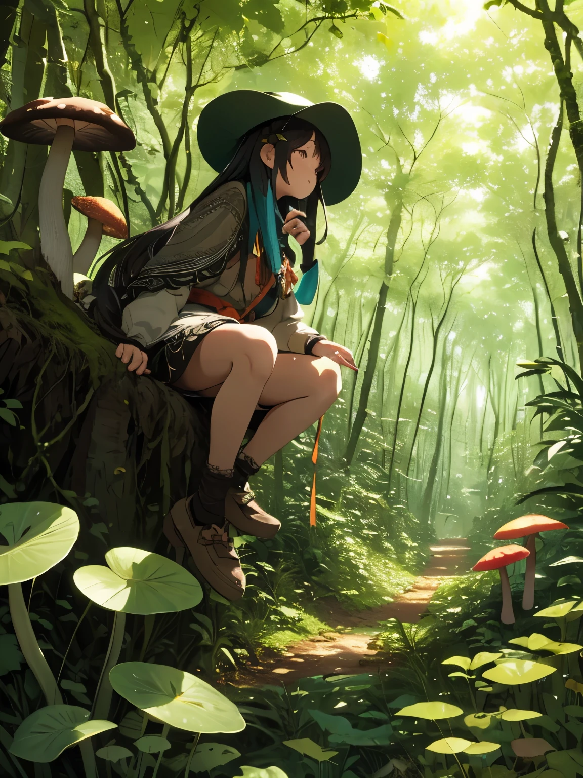 Sidib girl in the forest in full growth background of the forest with mushrooms