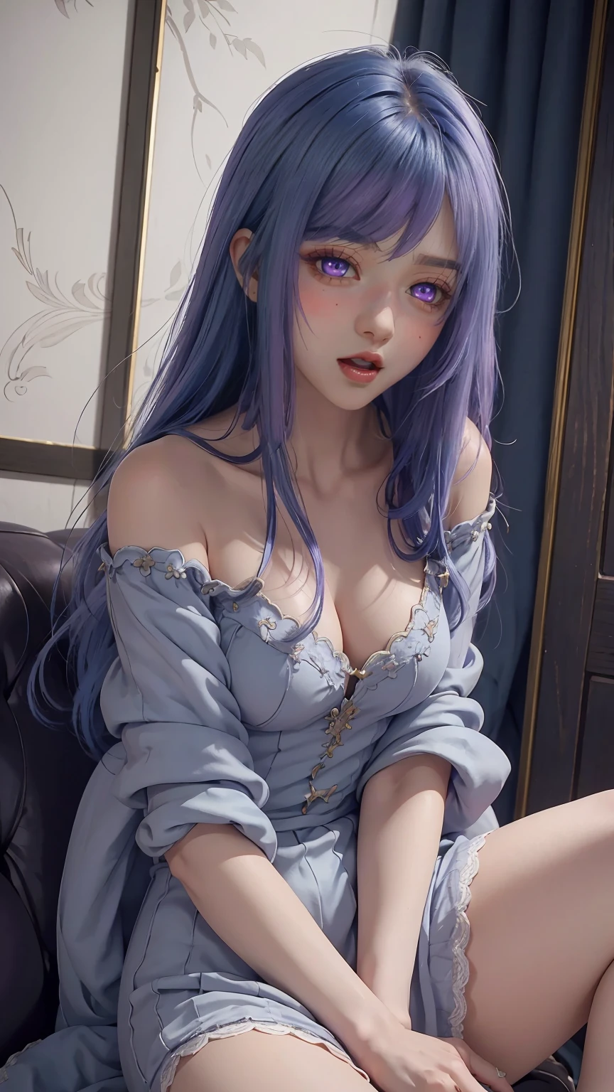 8K, Ultra High Definition, Super detailed, Shiny detailed hair, detailed face, fantasy landscape, solo, looking at viewer, {{best quality}}, {{masterpiece}}, {{ultra-detailed}}, {detailed light}, ultra high quality eyes, detailed eyes, perfect eyes, large eyes, detailed purple eyes, blue hair, blue long hair, adorned hair, beautiful, skinny body, white skin, slutty, erotic, suggestive, sitting with legs open, open legs, lingerie, in lingerie, blushing, open mouth, ahegao, ((nsfw))