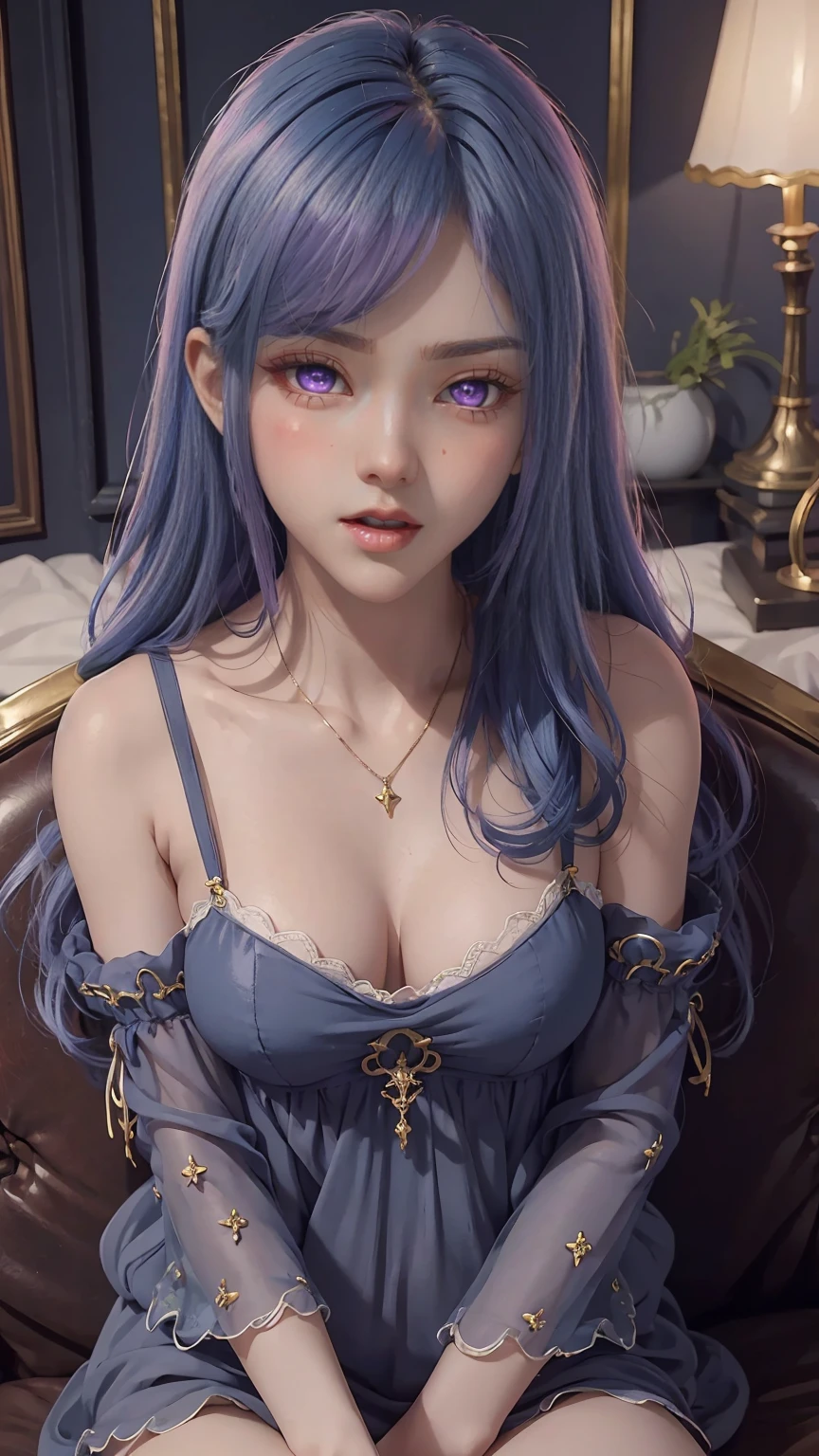 8K, Ultra High Definition, Super detailed, Shiny detailed hair, detailed face, fantasy landscape, solo, looking at viewer, {{best quality}}, {{masterpiece}}, {{ultra-detailed}}, {detailed light}, ultra high quality eyes, detailed eyes, perfect eyes, large eyes, detailed purple eyes, blue hair, blue long hair, adorned hair, beautiful, skinny body, white skin, slutty, erotic, suggestive, sitting with legs open, open legs, lingerie, in lingerie, blushing, open mouth, ahegao, ((nsfw))