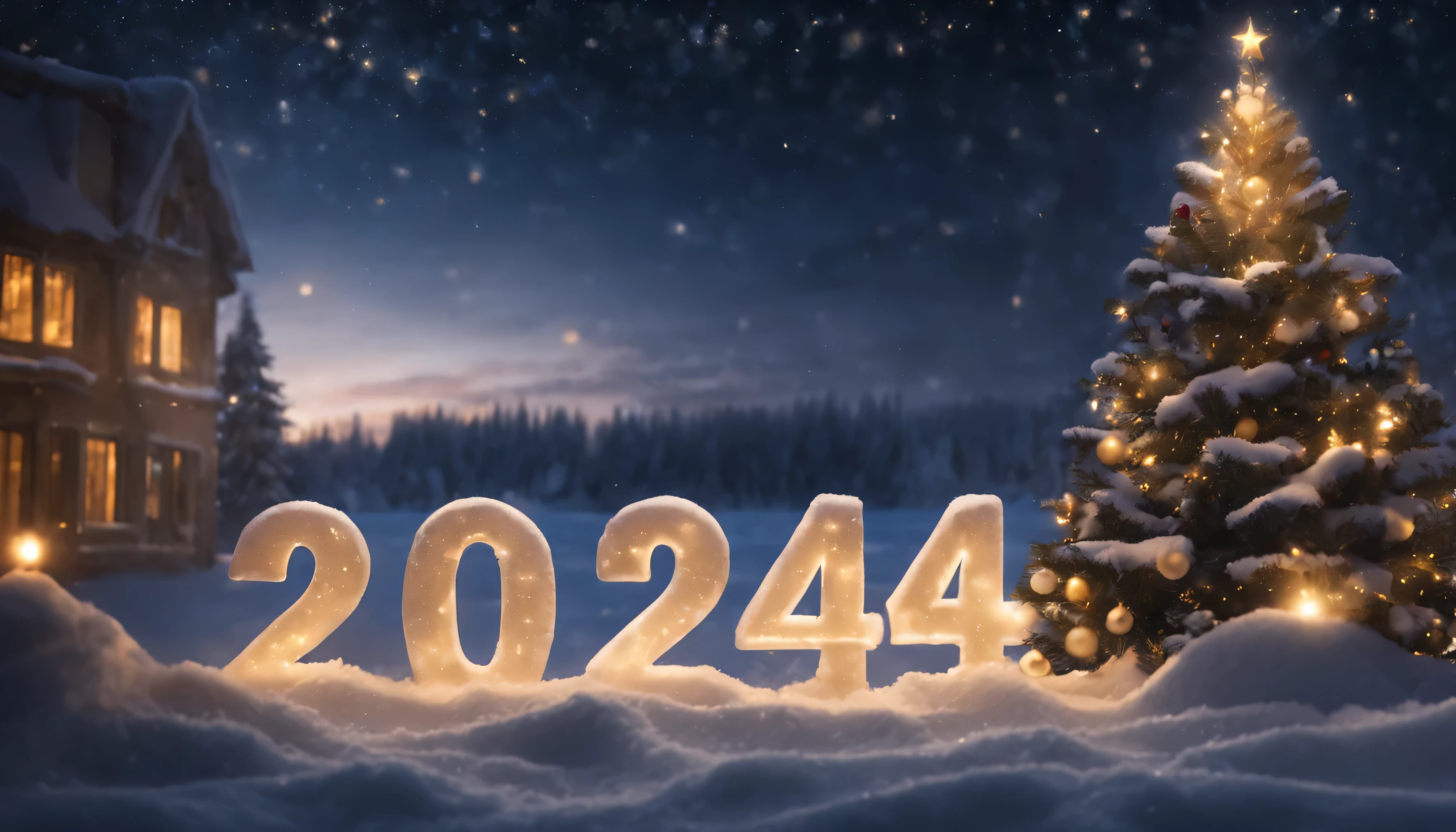 ((( text"2024" ))) night ,snow and dark starry sky, snow and christmas candles ,and a big Christmas tree,fairy lights,Santa Claus and the Snow Maiden,Clear Focus,high detail,HIGH HYPER QUALITY 8K
