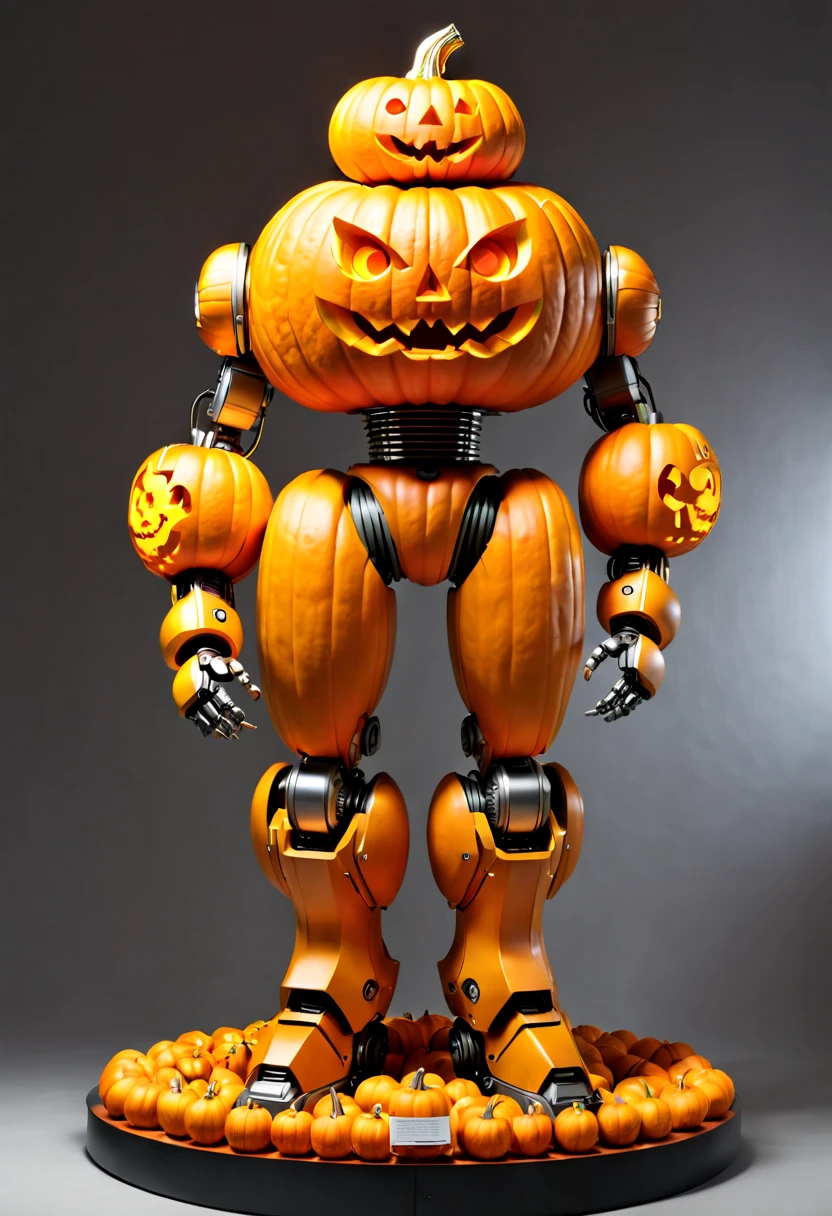 Pumpkin Carving design style, Museum Exhibition Work, robot by Katsuhiro Otomo and Yoji Shinkawa Carved on Pumpkin, full body, octane render, (best quality, masterpiece, Representative work, official art, Professional, 8k:1.3)