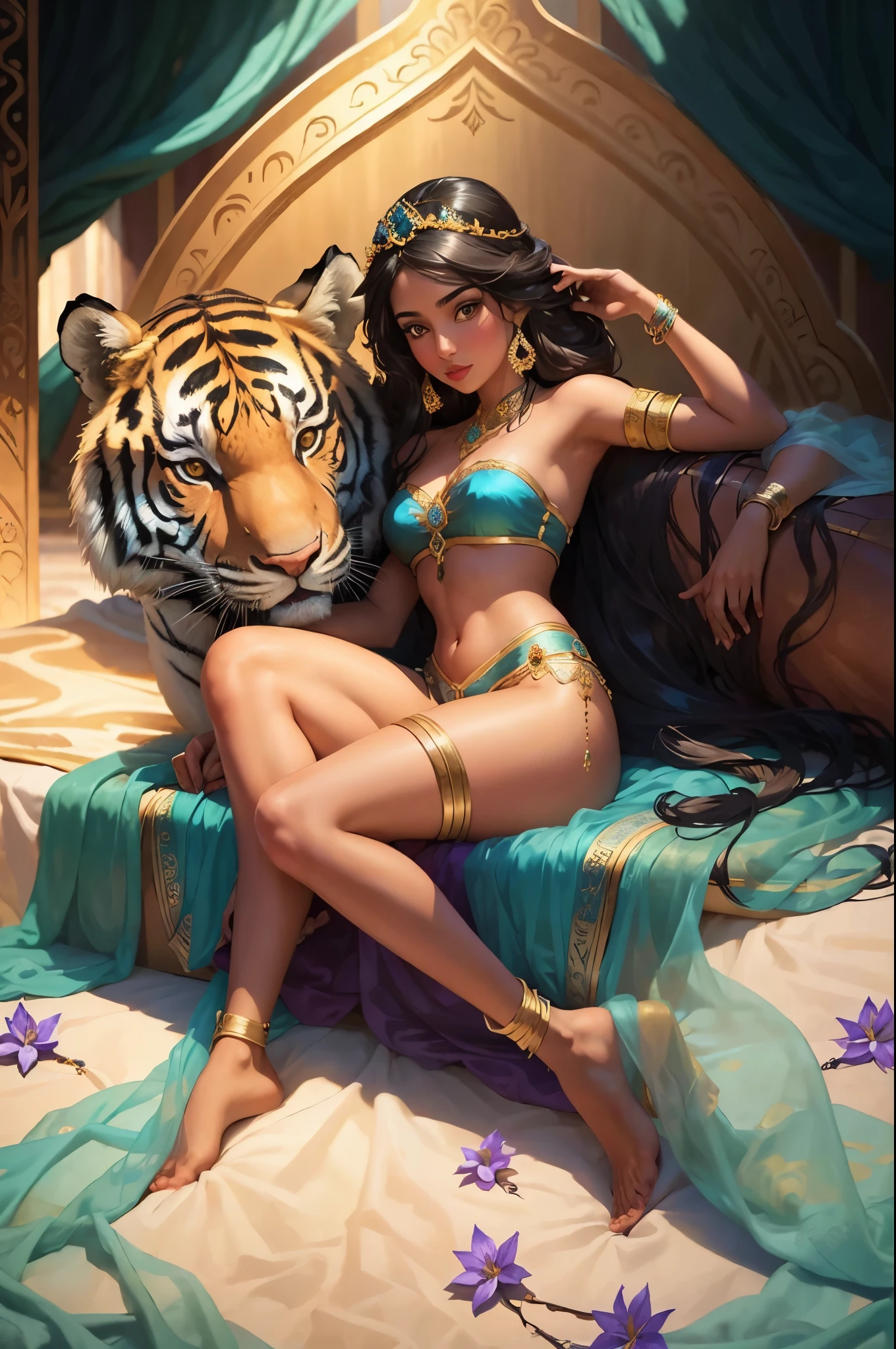 (((1girl))), (((23years))), ((full body shot)), Jasmine on a silk bed cuddling a big tiger, Arabian, diadem with blue gem, jewelry, bracelets on arms, anklets on legs, colorful silks, Arabian setting, flowers, looking at viewer, ((highly detailed)), (((masterpiece))) Hyacinth