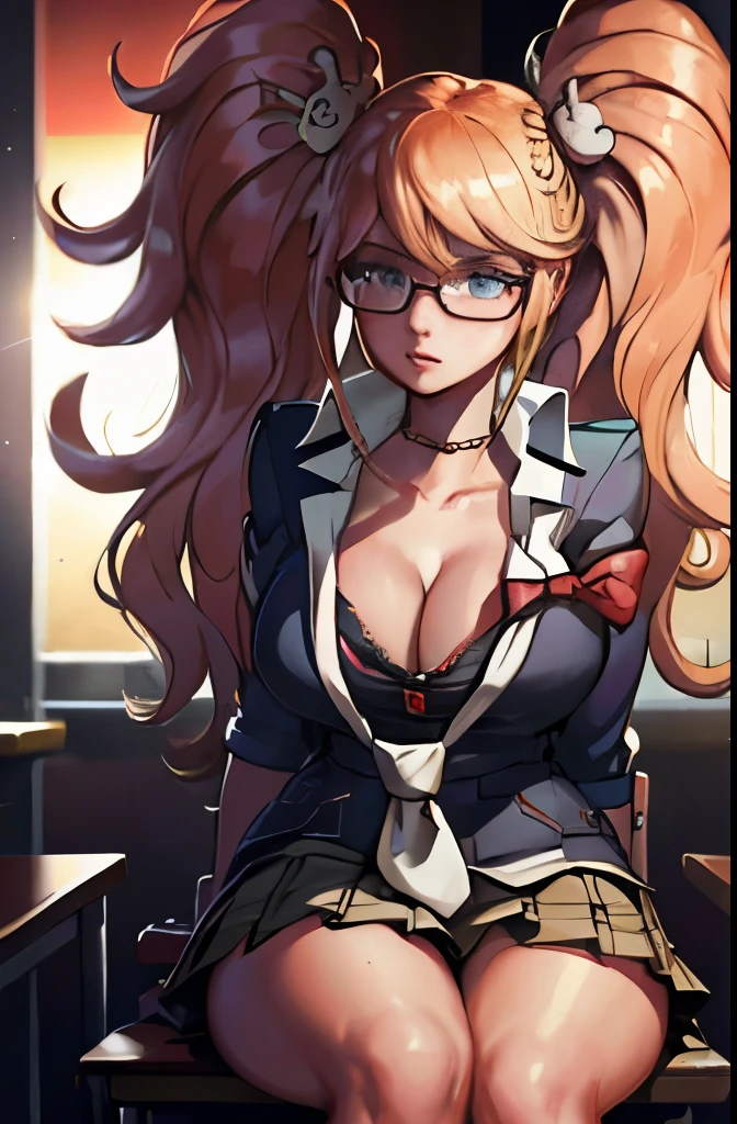 Hot student wearing school uniform in class, glasses, braided hair, large breasts, cleavage, thick and muscular leg, depth of field, cinematic lighting, anatomically correct, high detail, UHD