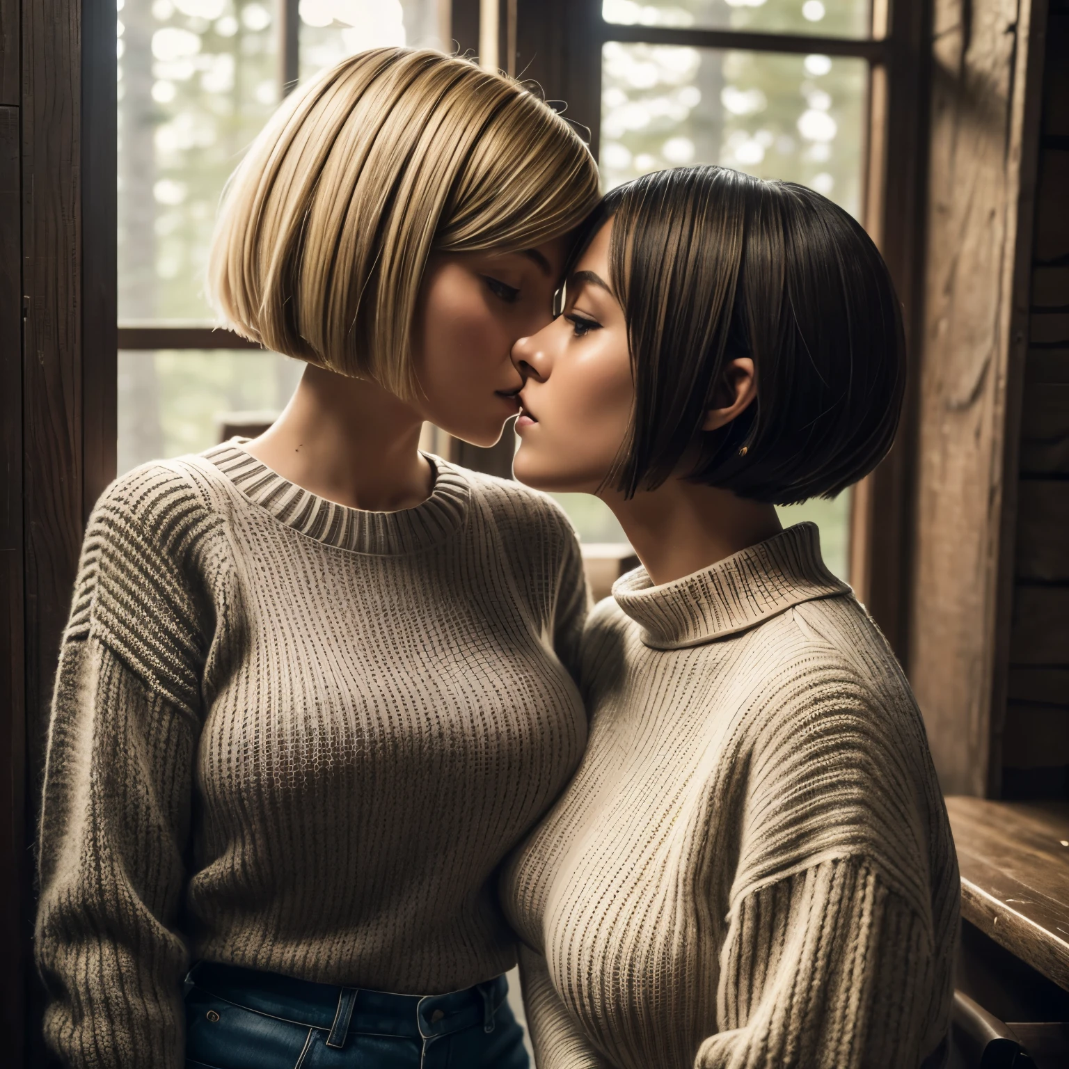 Two girls in a cabin in the woods, dressed in knitted sweaters, (kissing:1.2), (Isabel Merced, blond, bob_cut hair),(Isabel Merced, black hair, bob_cut hair), (skin texture:1.1), (high detail face:1.1), full bodyshot, high detail body, high detail clothes, (big breasts:1.3),(masterpiece), (realistic), ultra high definition, 4k, ultra high resolution, film grain, cinematic lighting, rim lighting, photo by Arny Freytag, RAW image