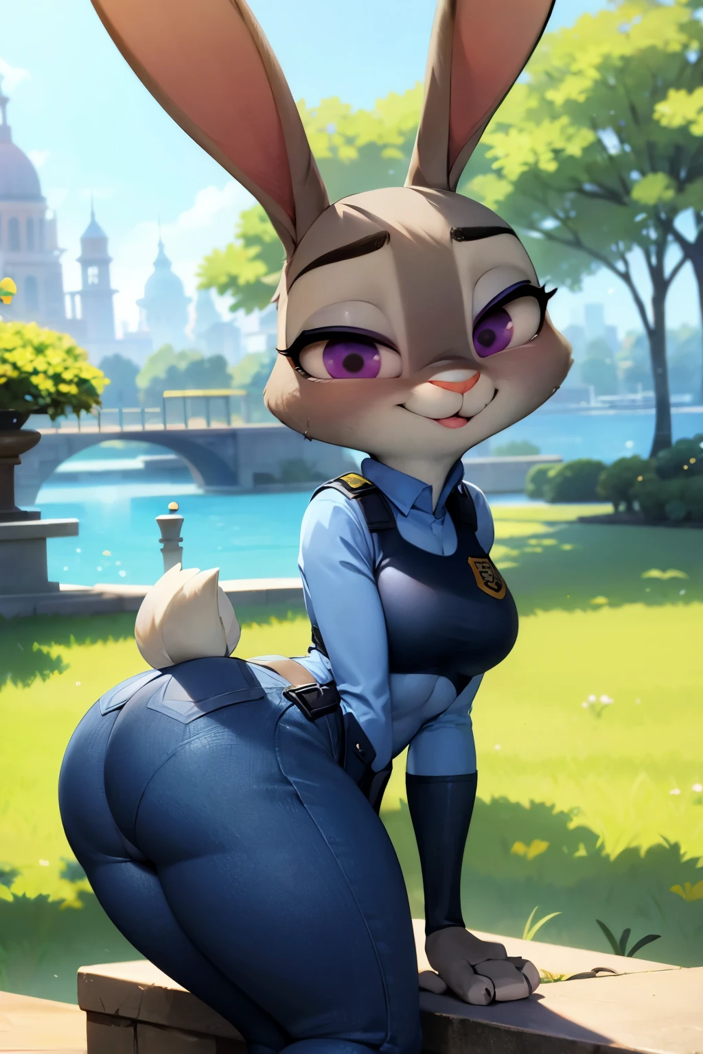  Chica solitaria, Judy Hopps, cara adorable, cute expression, perfect anatomy, hermoso paisaje, cara detallada. Big breasts, police uniform